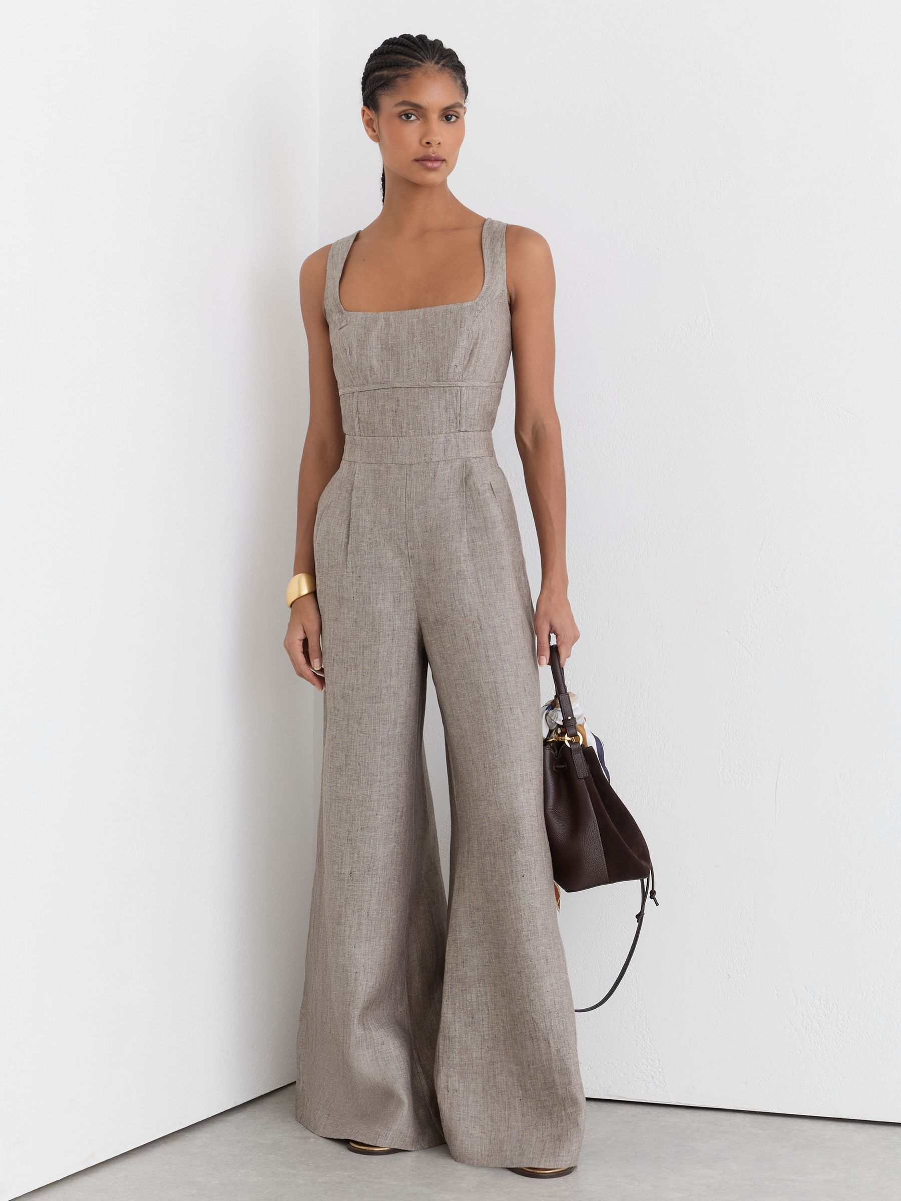 Linen Structured Wide-Leg Jumpsuit in Neutral - Image 3 of 9