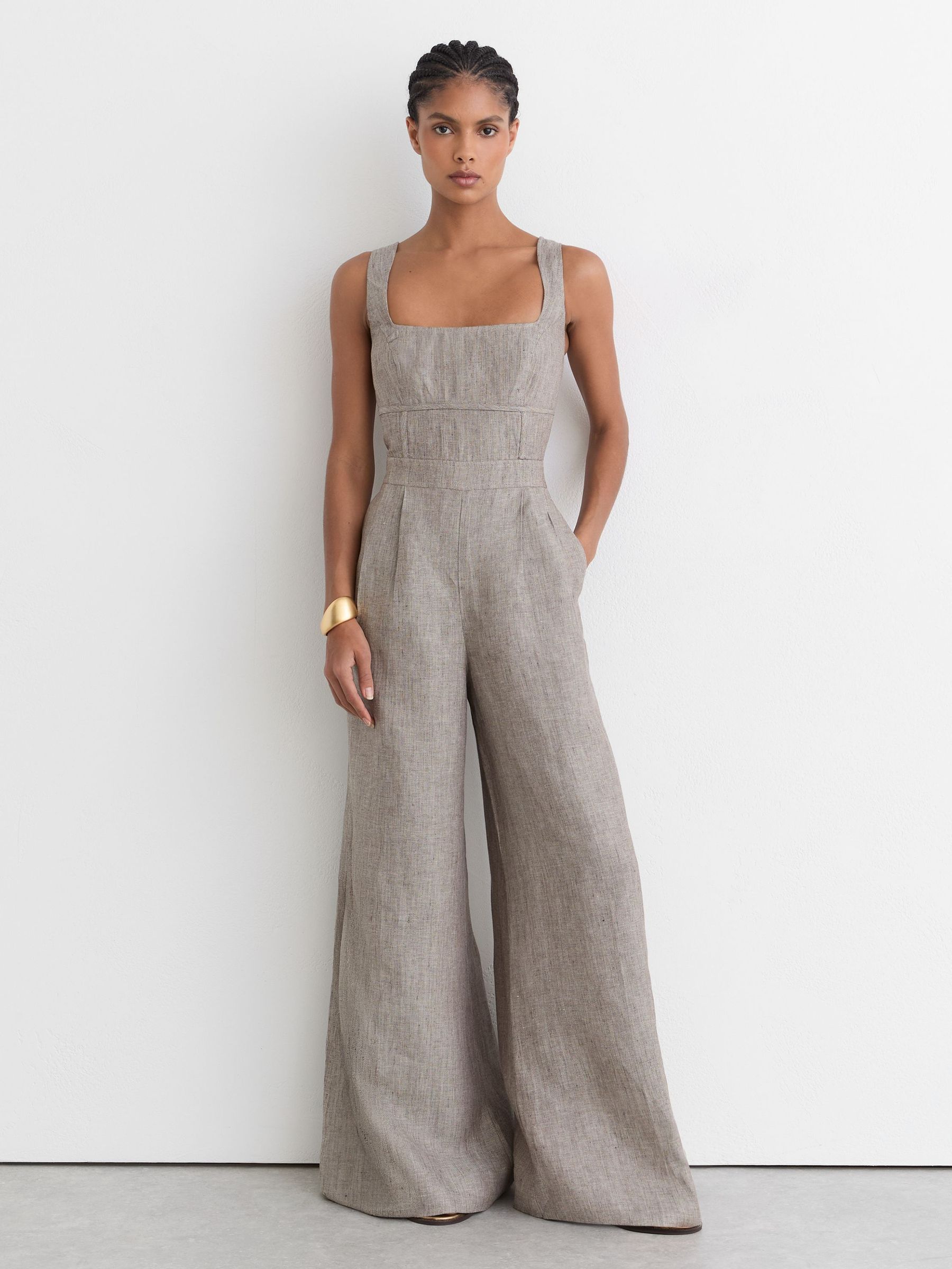 Linen Structured Wide-Leg Jumpsuit in Neutral - Image 8 of 9