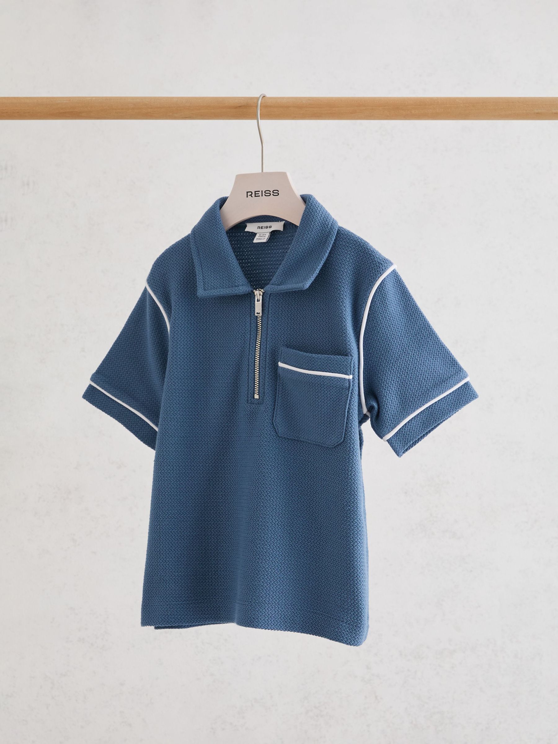 9-13 yrs Cotton Textured-Knit Half-Zip Polo Shirt in Blue - Image 1 of 3 9-13 yrs Cotton Textured-Knit Half-Zip Polo Shirt in Blue - Image 1 of 3