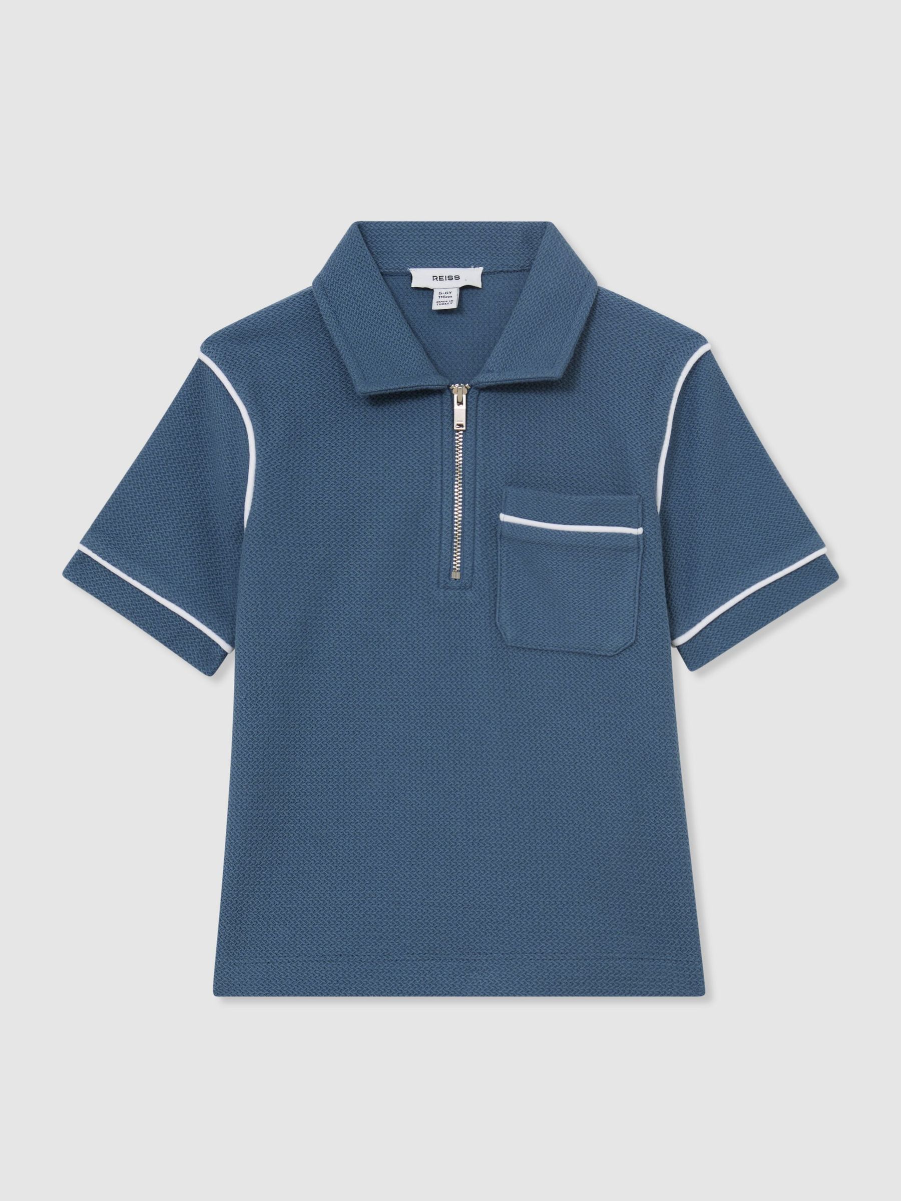 9-13 yrs Cotton Textured-Knit Half-Zip Polo Shirt in Blue - Image 2 of 3 9-13 yrs Cotton Textured-Knit Half-Zip Polo Shirt in Blue - Image 2 of 3