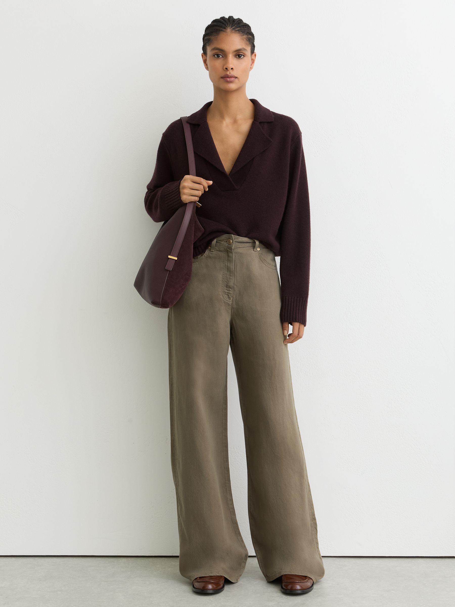 Lyocell-Linen Wide-Leg Trousers in Khaki Green - Image 1 of 6