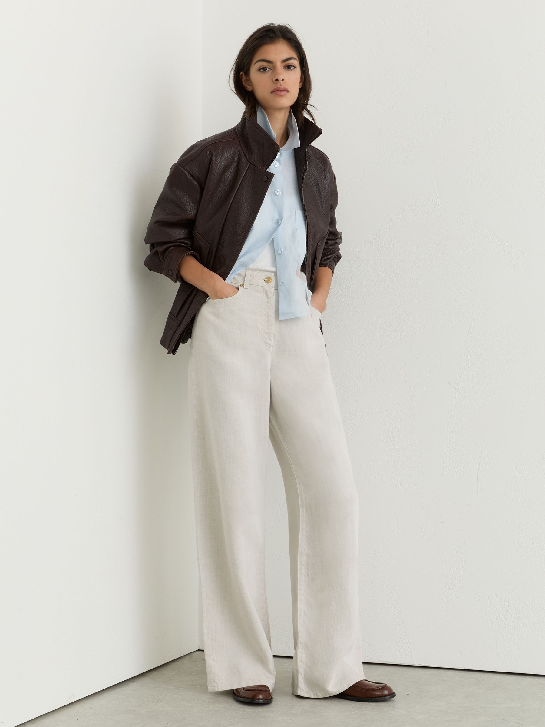 Lyocell-Linen Wide-Leg Trousers in Neutral - Image 1 of 6 Lyocell-Linen Wide-Leg Trousers in Neutral - Image 1 of 6