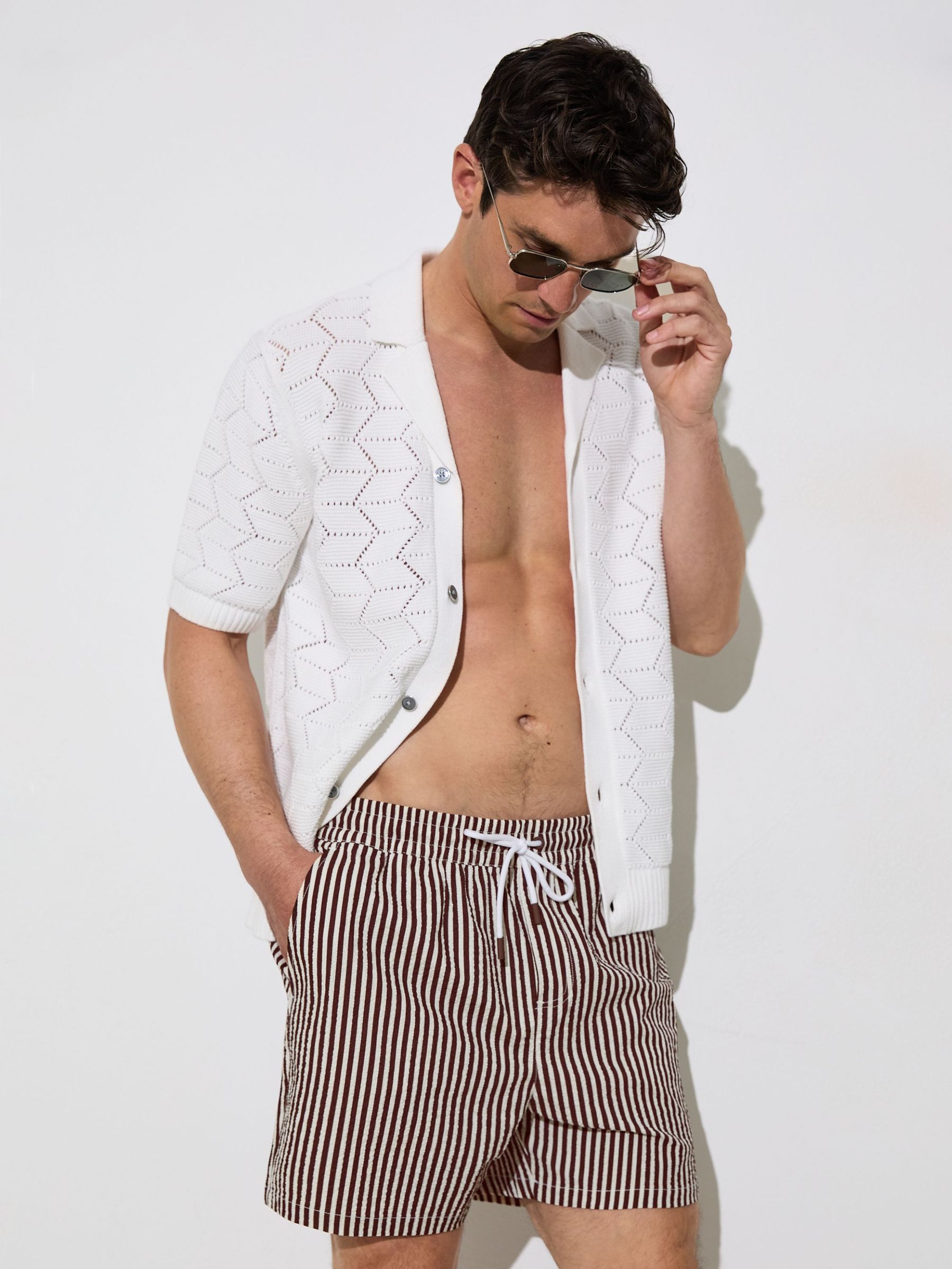 Seersucker Stripe Swim Shorts in Brown/White - Image 1 of 5