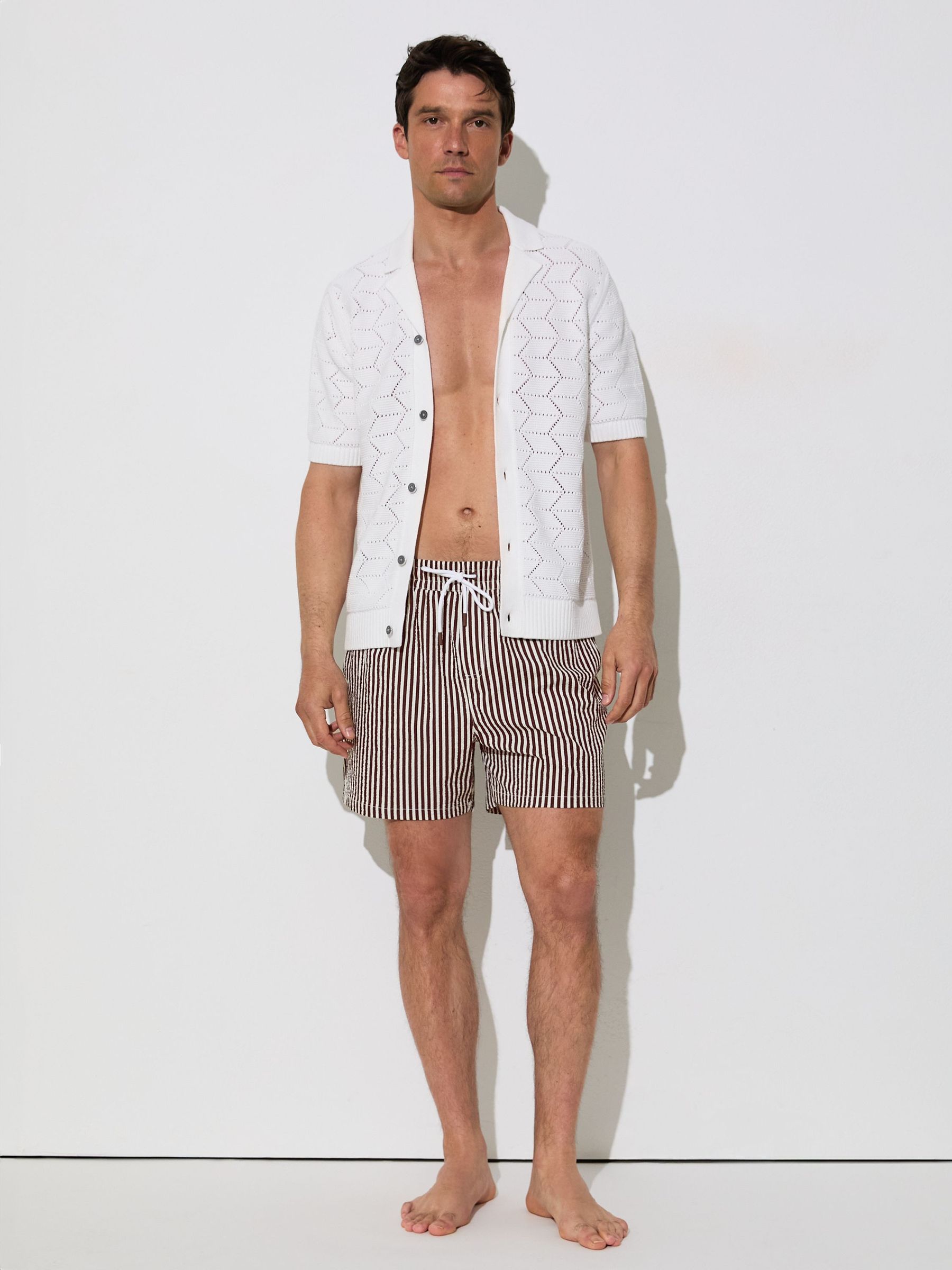 Seersucker Stripe Swim Shorts in Brown/White - Image 3 of 5