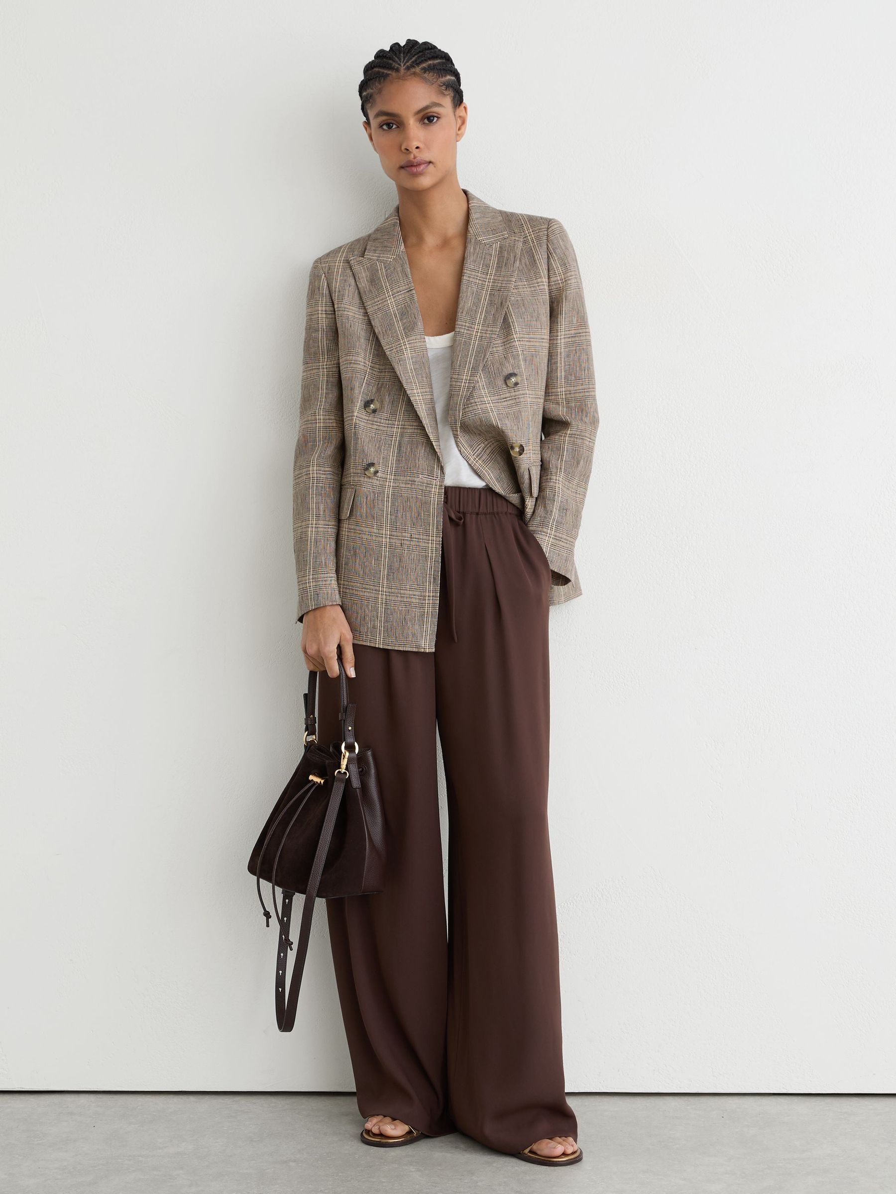 Drawstring Wide-Leg Trousers in Chocolate Brown - Image 1 of 8