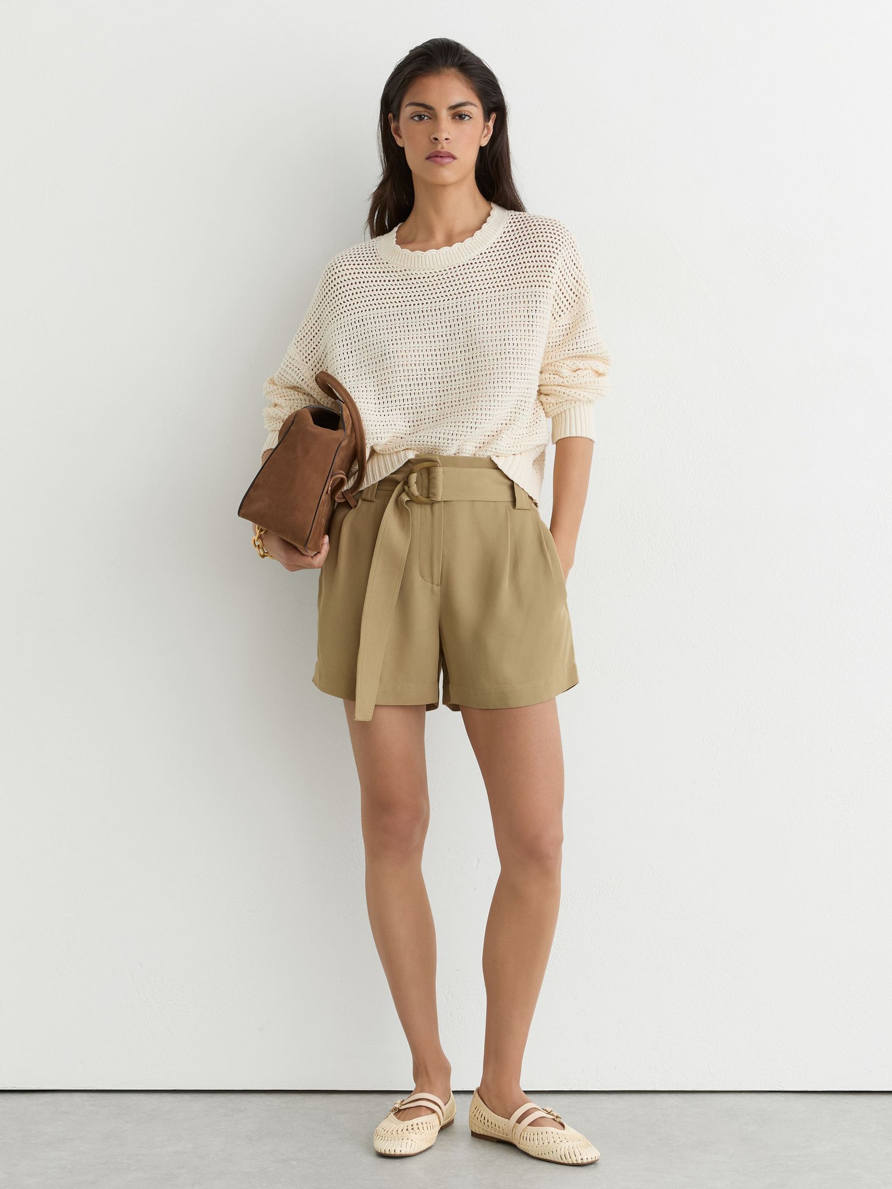 Twill Belted Relaxed Shorts in Neutral - Image 1 of 7