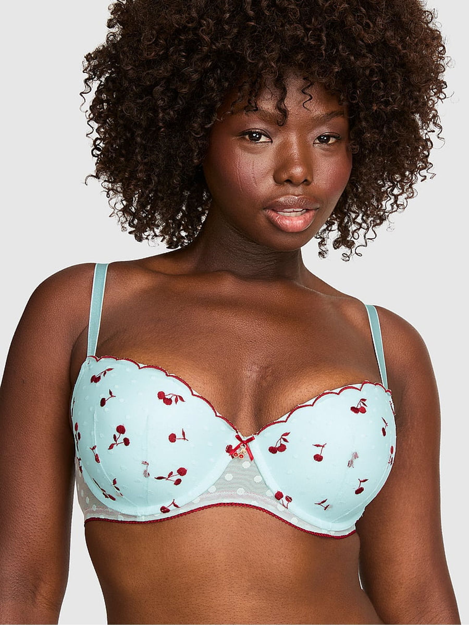 Spray Blue Push Up Balcony Cherry Embroidery Bra - Image 1 of 3