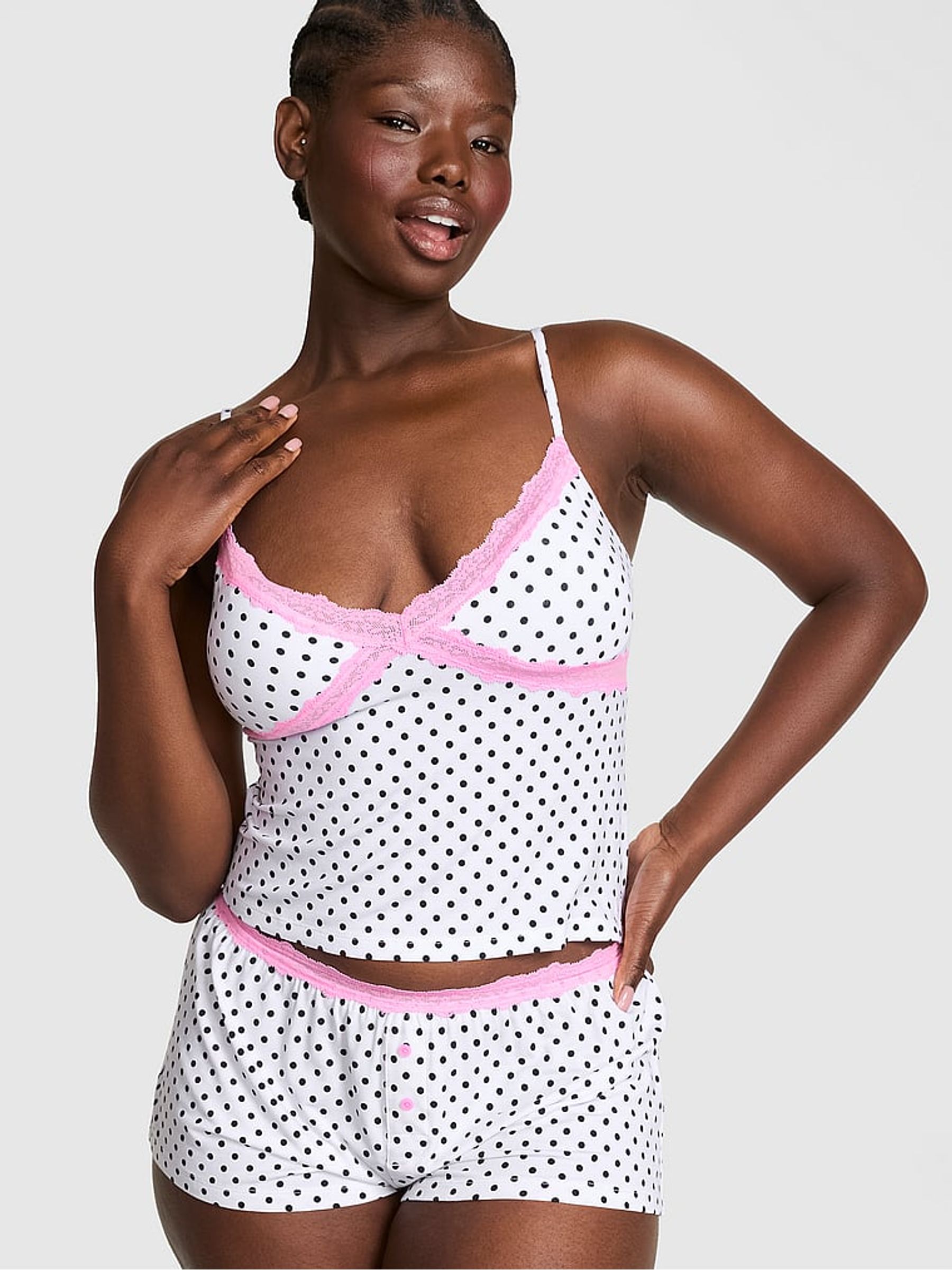 White Polka Dots Modal Lace Cami Pyjama Top - Image 1 of 2