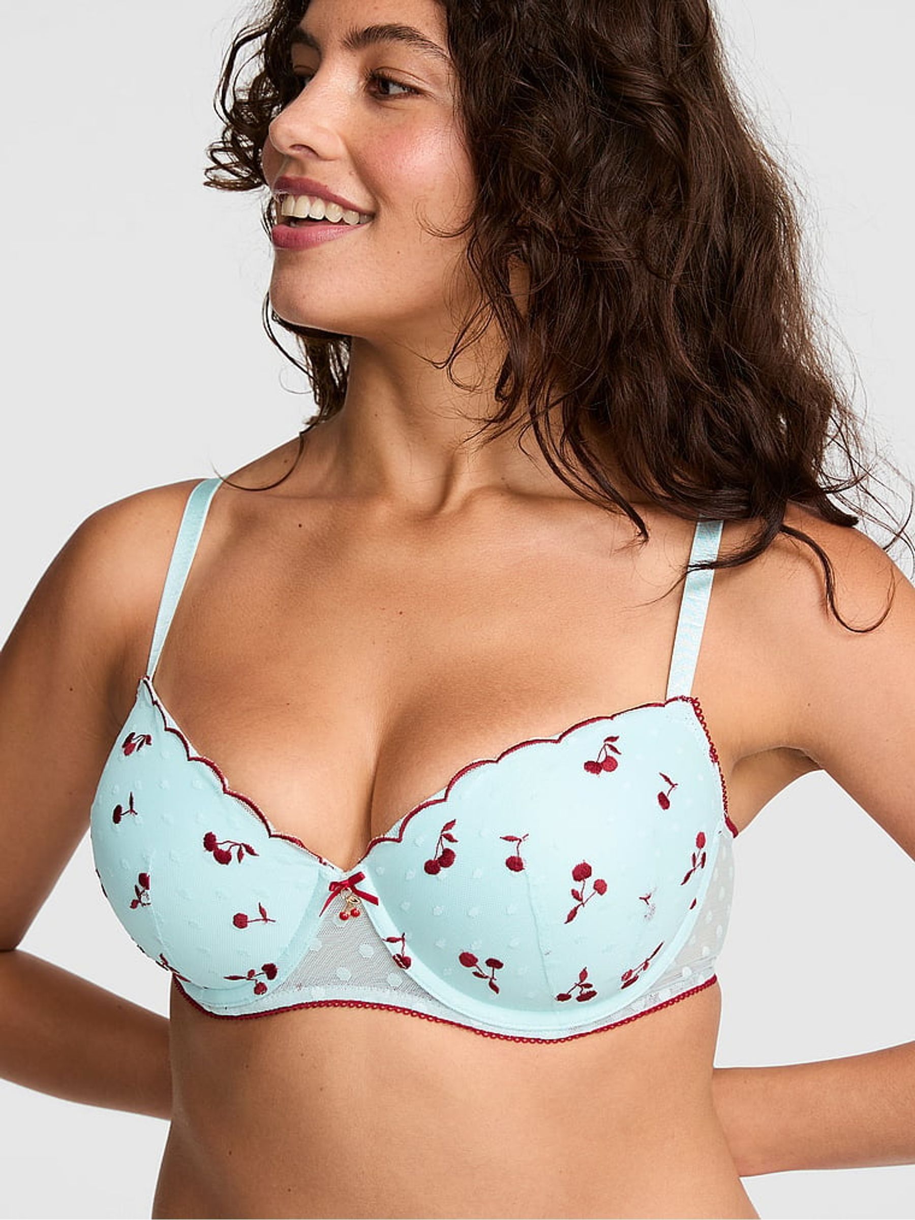 Spray Blue Lightly Lined Balcony Cherry Embroidery Bra - Image 1 of 2 Spray Blue Lightly Lined Balcony Cherry Embroidery Bra - Image 1 of 2