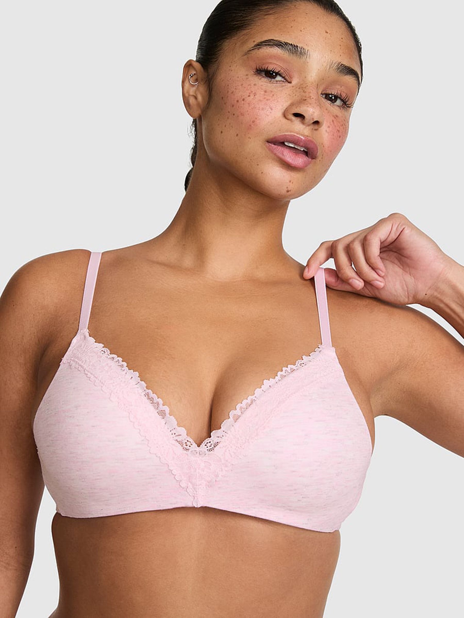 Petal Pink Non Wired Push Up Cotton Heather Lace Trim Bra - Image 1 of 2