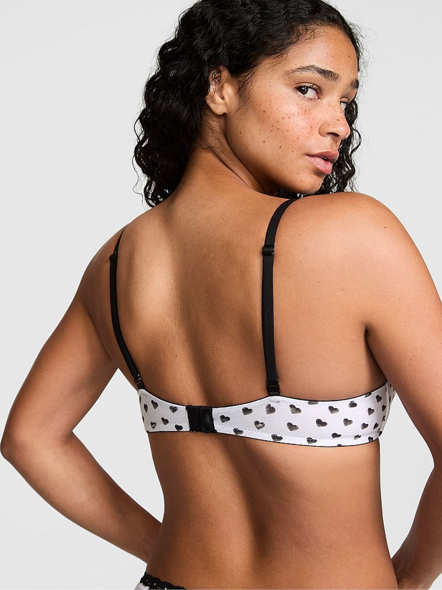 White Heart Print Non Wired Lightly Lined Cotton Heather Lace Trim Bra - Image 2 of 2