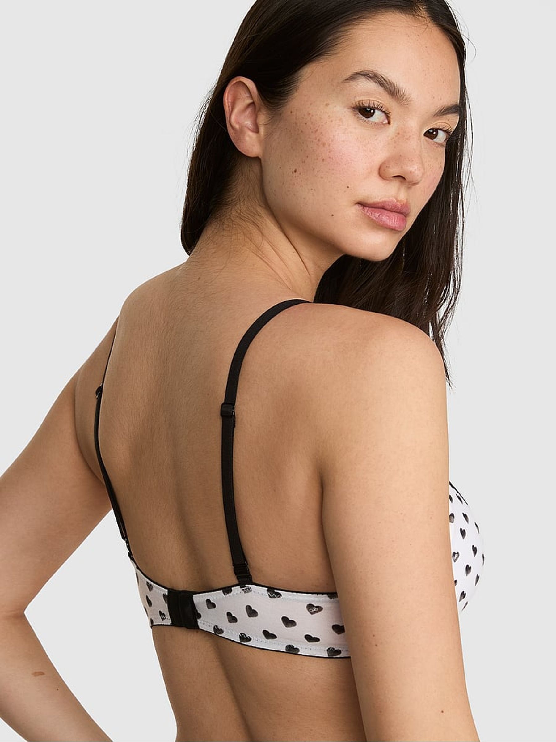 White Heart Print Non Wired Push Up Cotton Heather Lace Trim Bra - Image 2 of 2