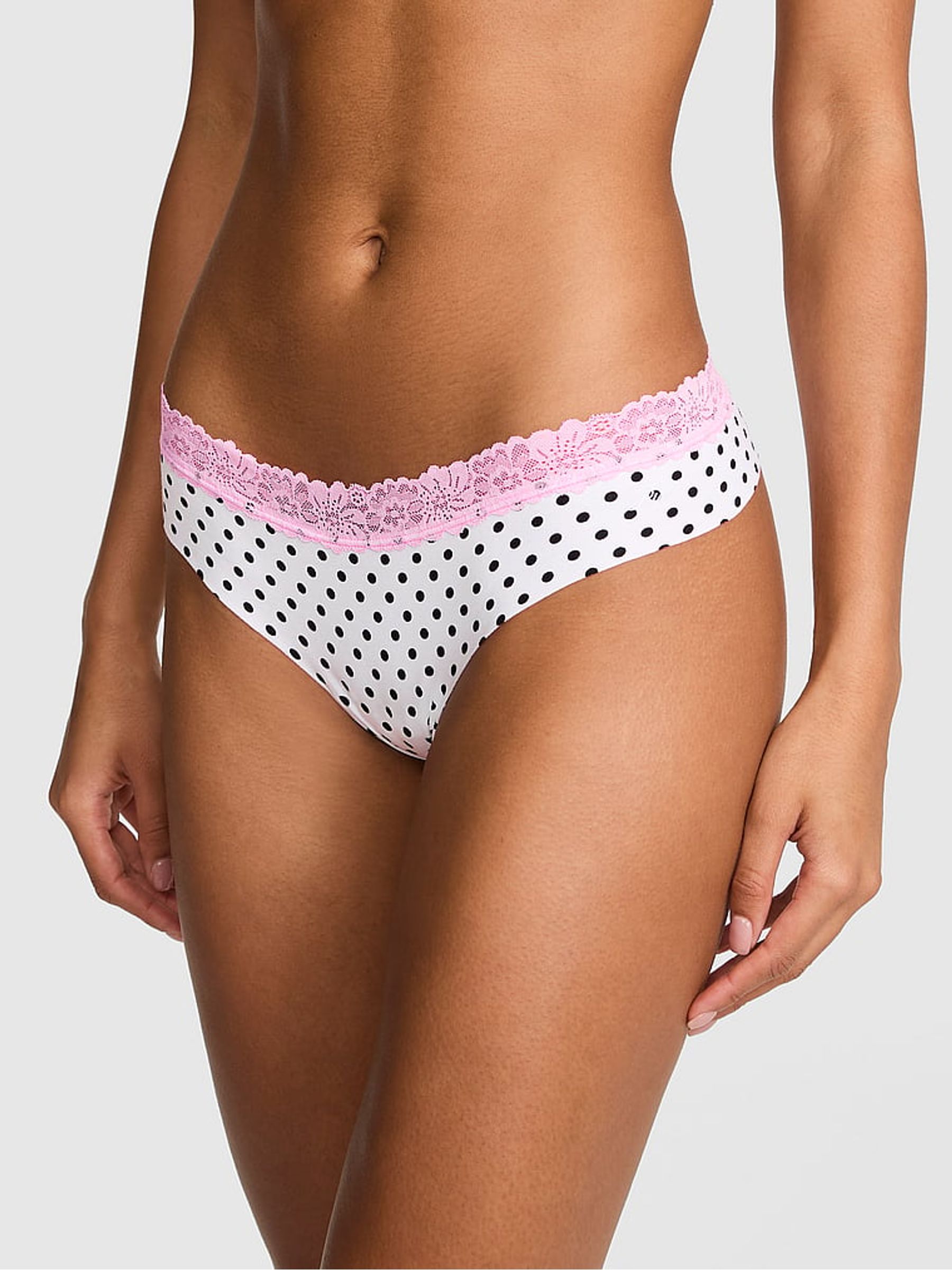 White Polka Dots Thong Lace Trim Knickers - Image 1 of 2