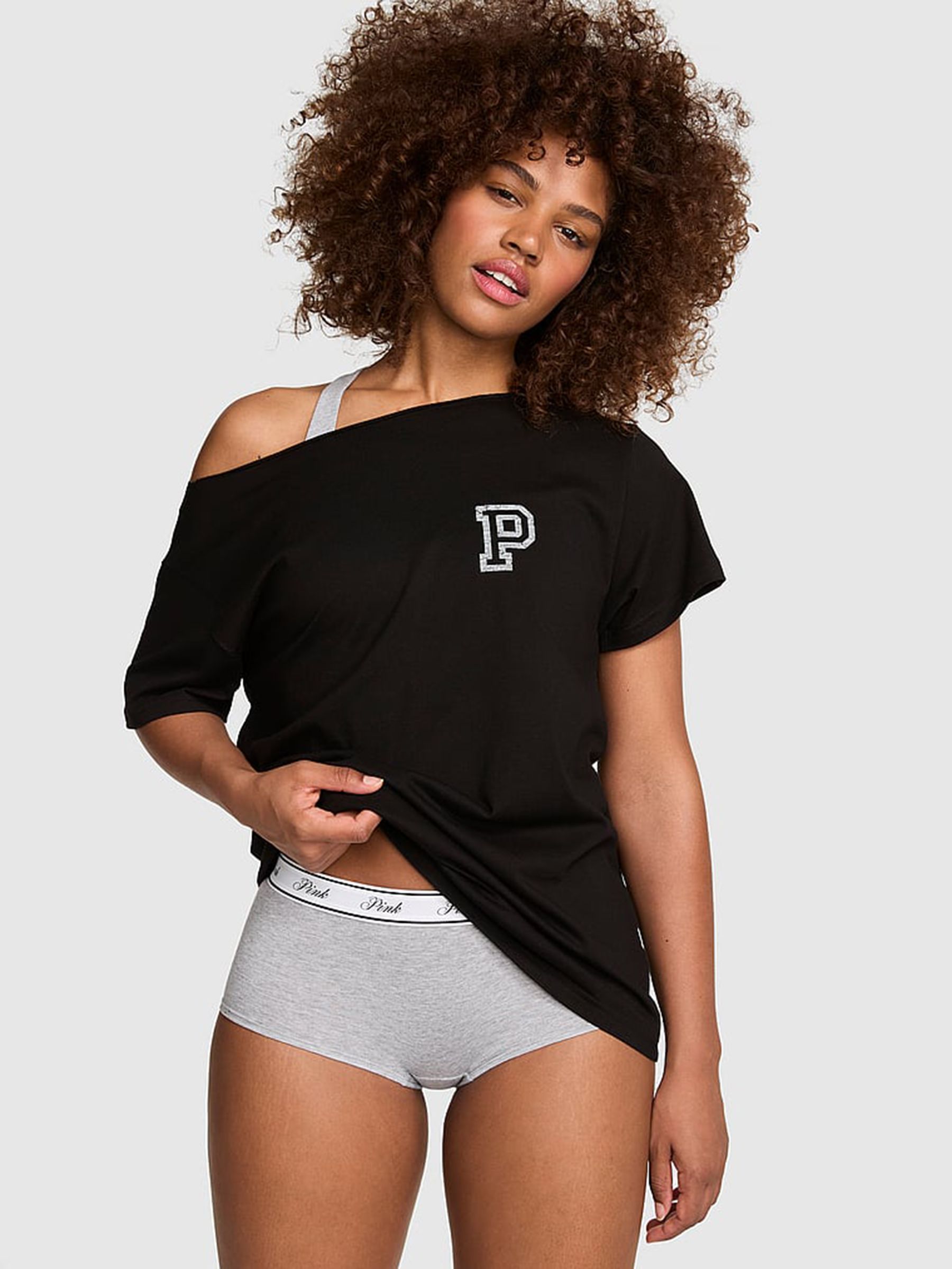 Black Logo Cotton Off The Shoulder T-Shirt - Image 1 of 2 Black Logo Cotton Off The Shoulder T-Shirt - Image 1 of 2