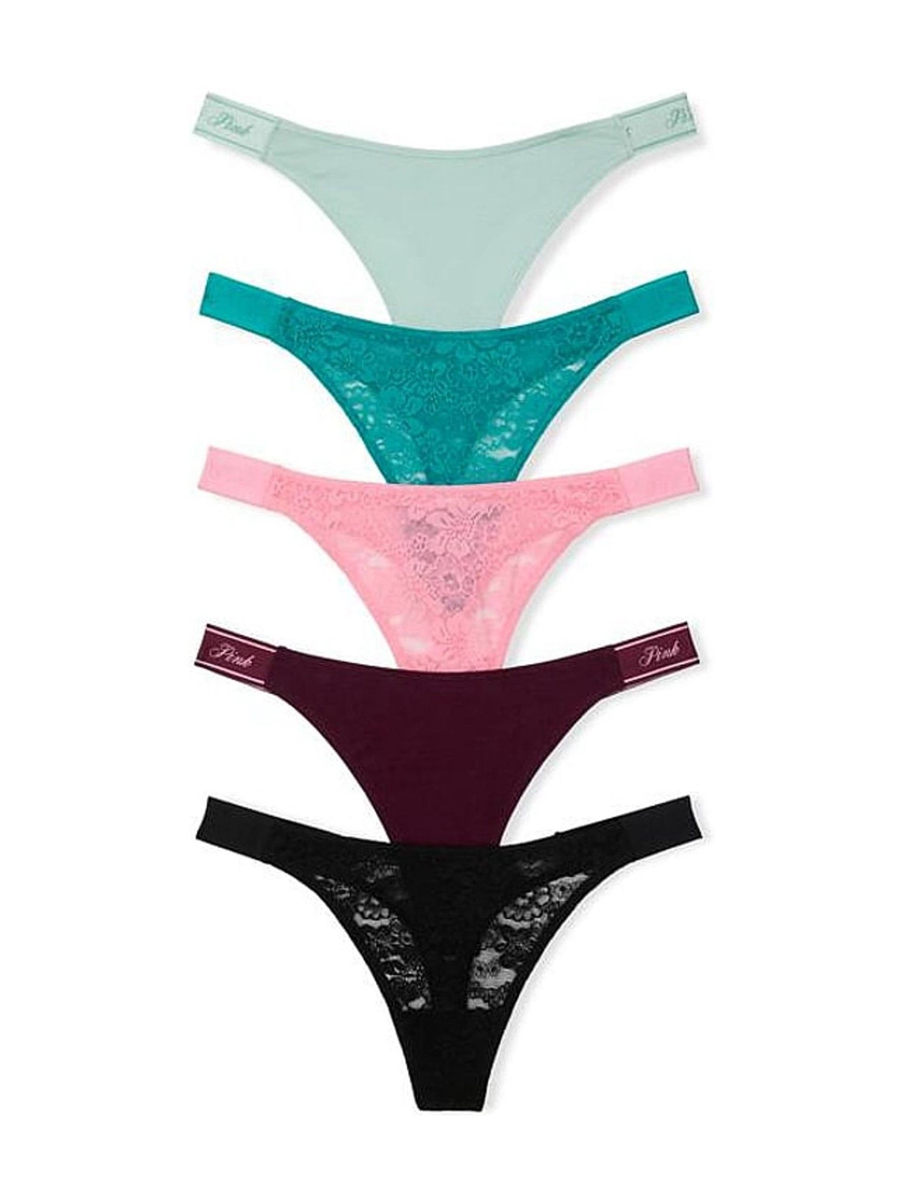 Green/Blue/Pink/Black Thong 5 Pack Lacie Logo Knickers - Image 1 of 1 Green/Blue/Pink/Black Thong 5 Pack Lacie Logo Knickers - Image 1 of 1