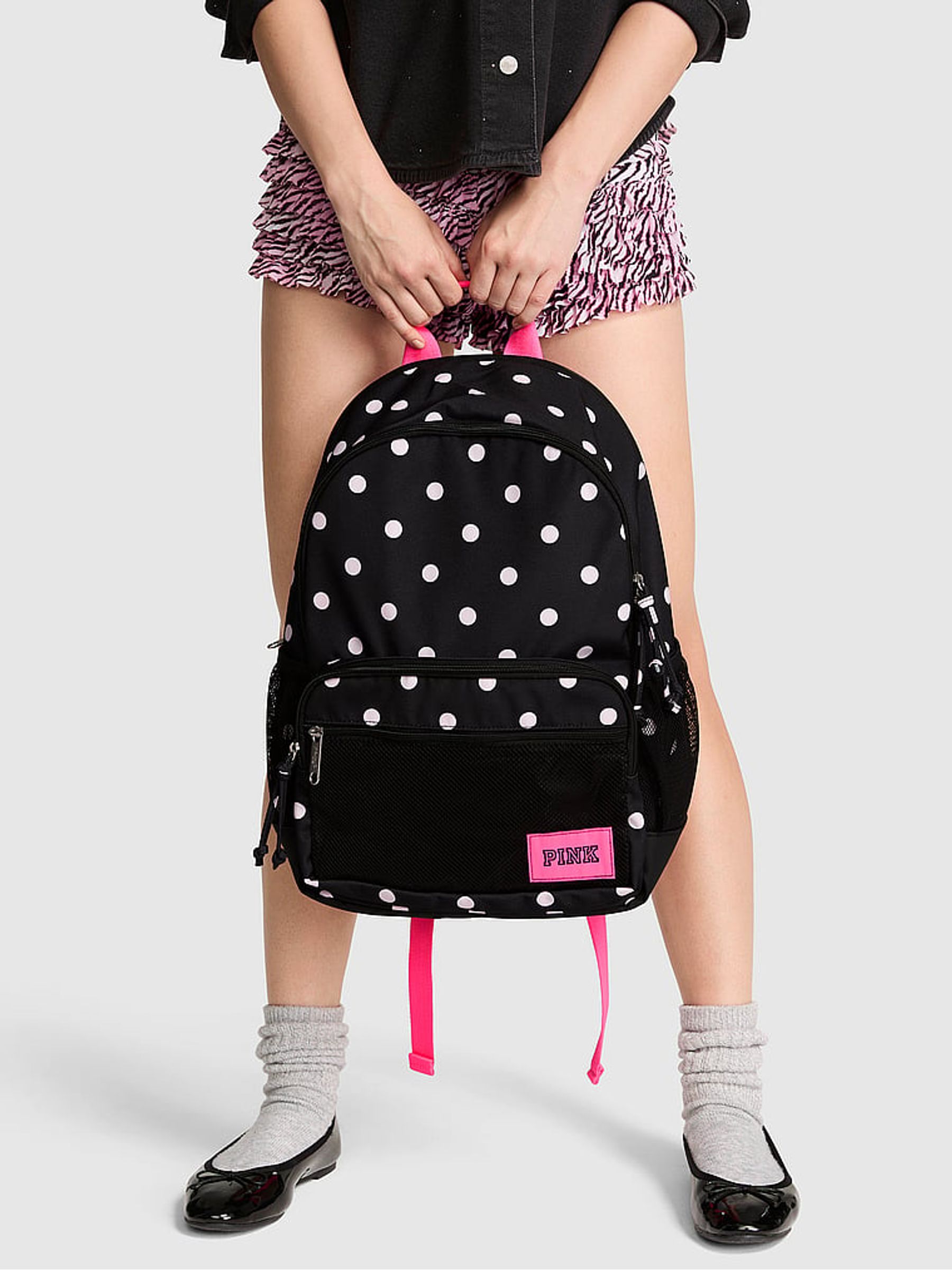 Black and Pink Polka Dot Backpack - Image 1 of 4 Black and Pink Polka Dot Backpack - Image 1 of 4