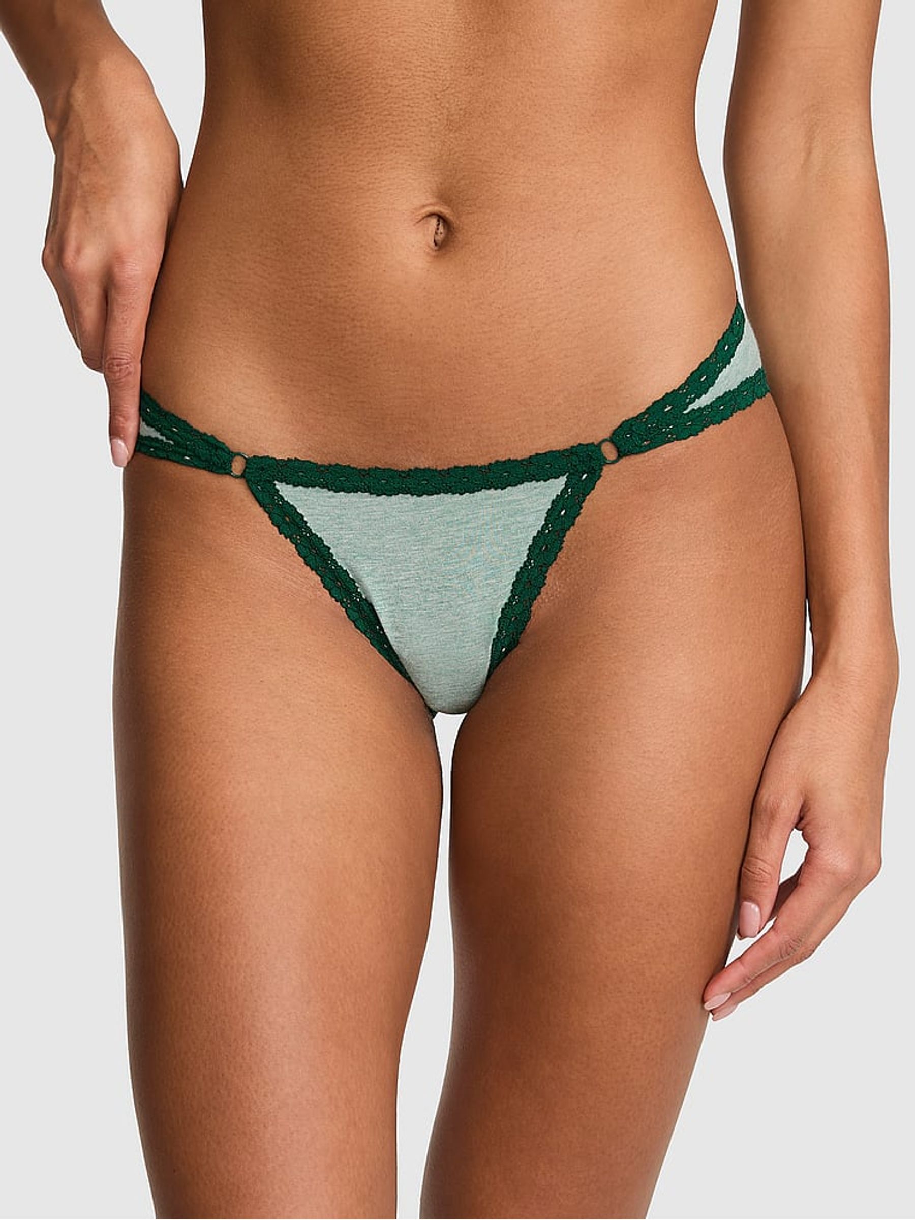 Soft Sage Green Cheeky Cotton Heather Lace Trim Knickers - Image 1 of 2 Soft Sage Green Cheeky Cotton Heather Lace Trim Knickers - Image 1 of 2