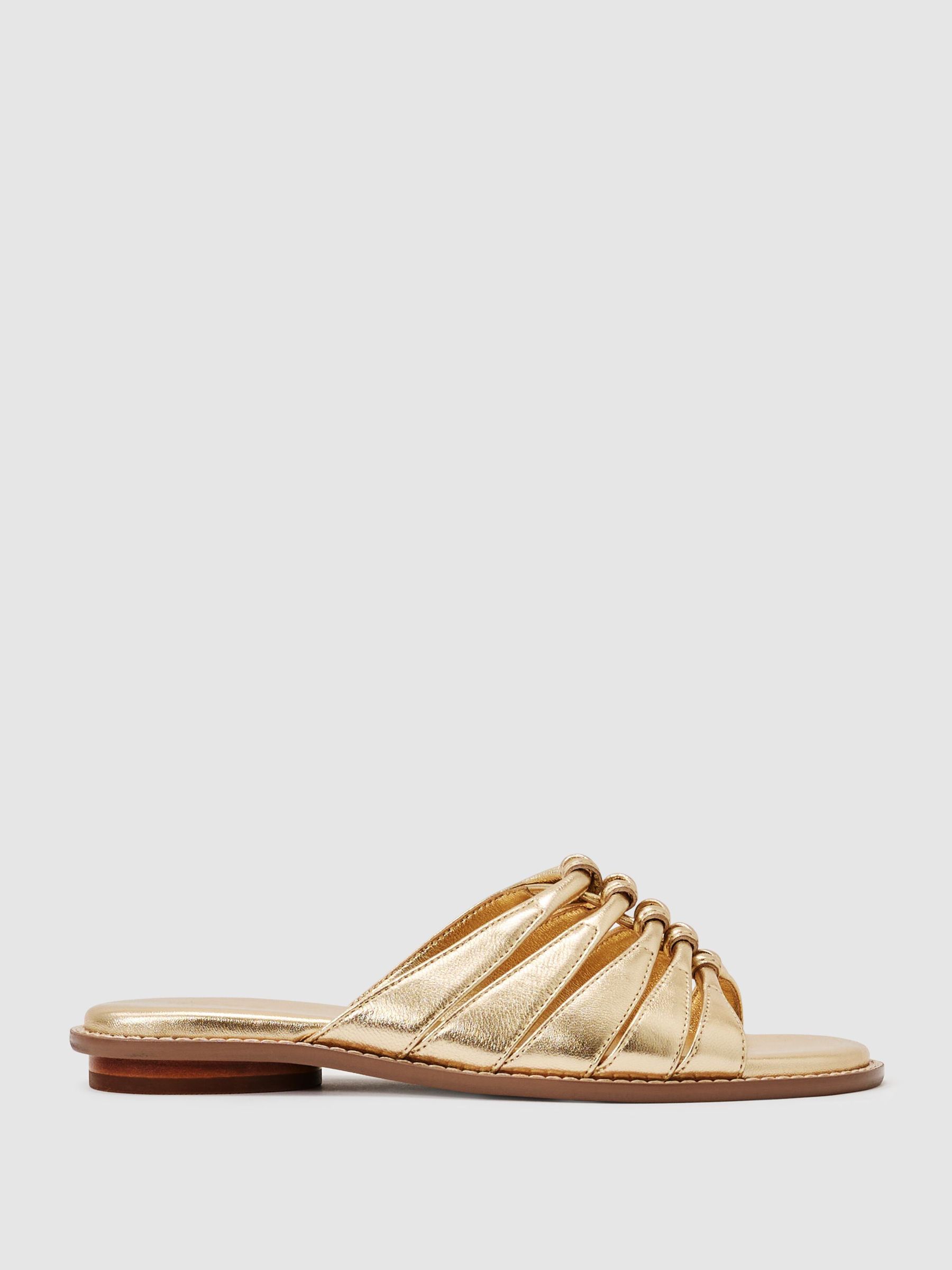 Leather Metallic Knotted Flat Sandals in Gold - Image 2 of 6