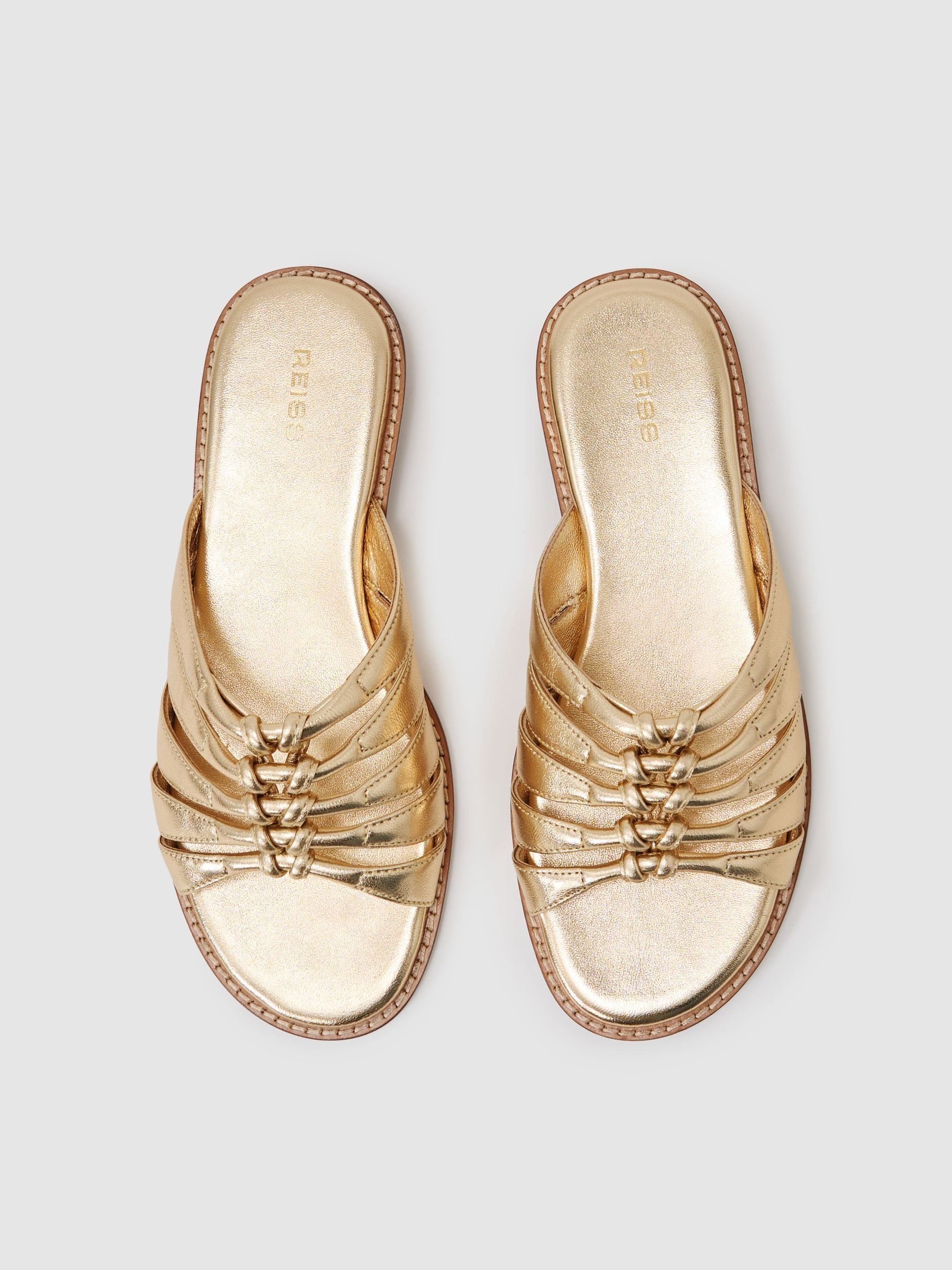 Leather Metallic Knotted Flat Sandals in Gold - Image 3 of 6