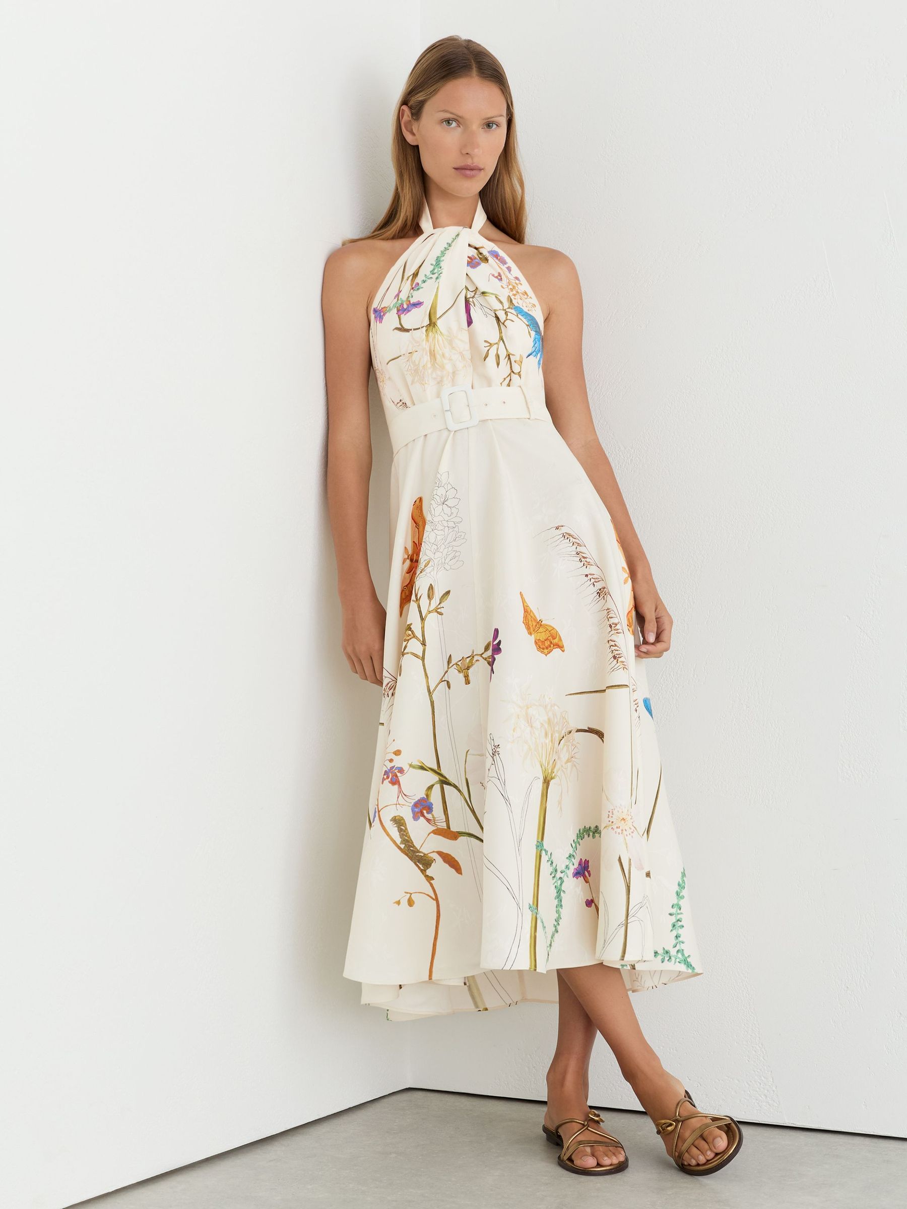 Reiss | NYBG Butterfly-Print Halterneck Midi Dress in Ivory - Bild 3 von 7