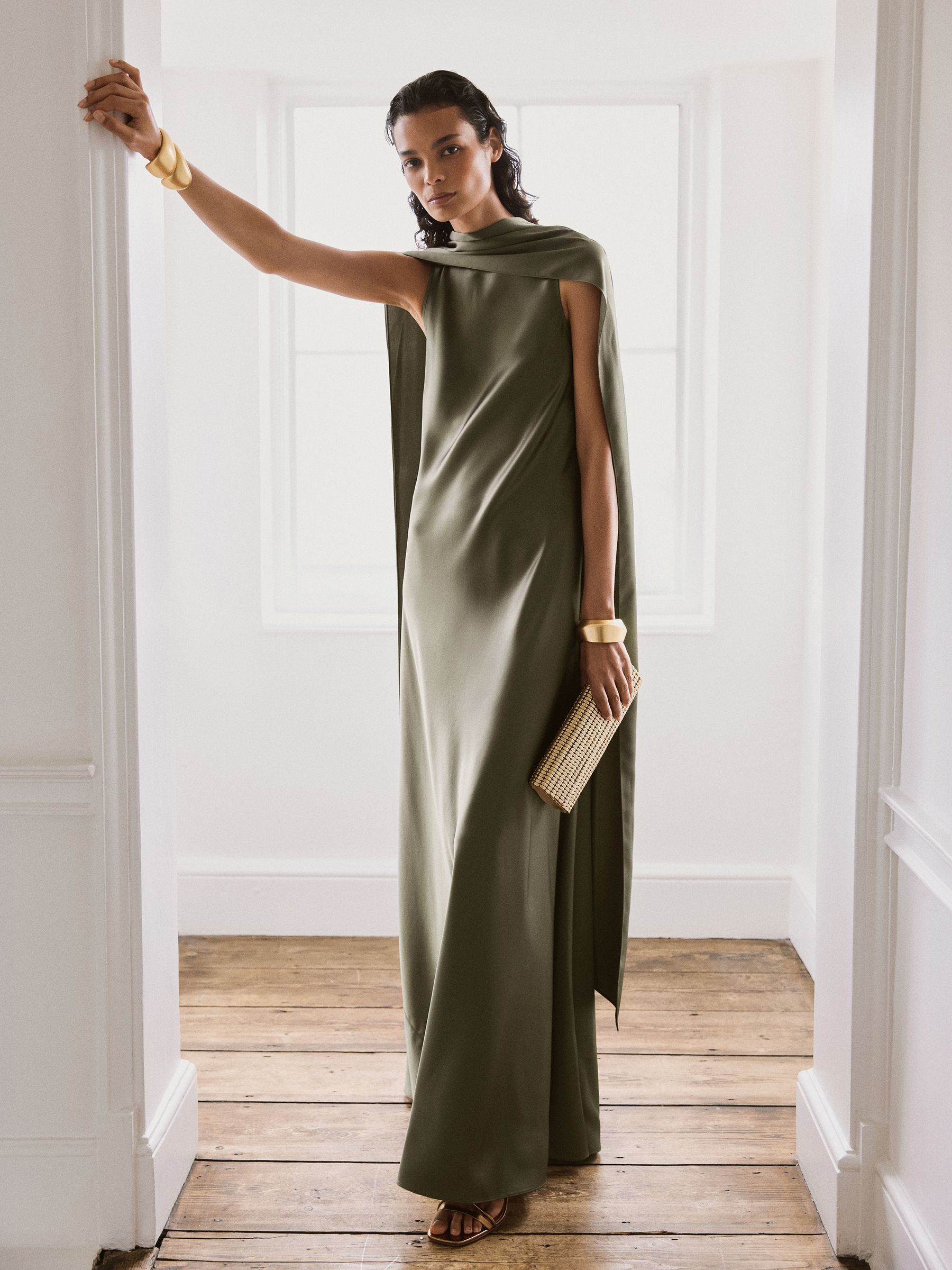 Satin Cape Maxi Dress in Khaki Green - image 4