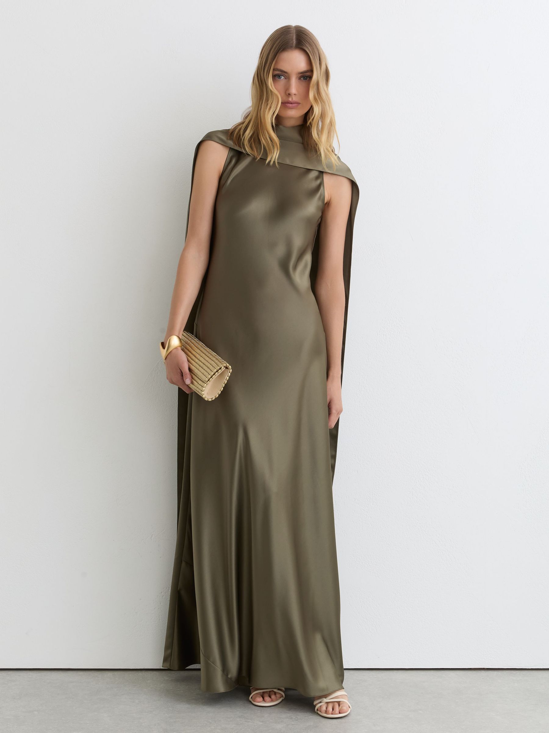 Satin Cape Maxi Dress in Khaki Green - Image 1 of 7 Satin Cape Maxi Dress in Khaki Green - Image 1 of 7