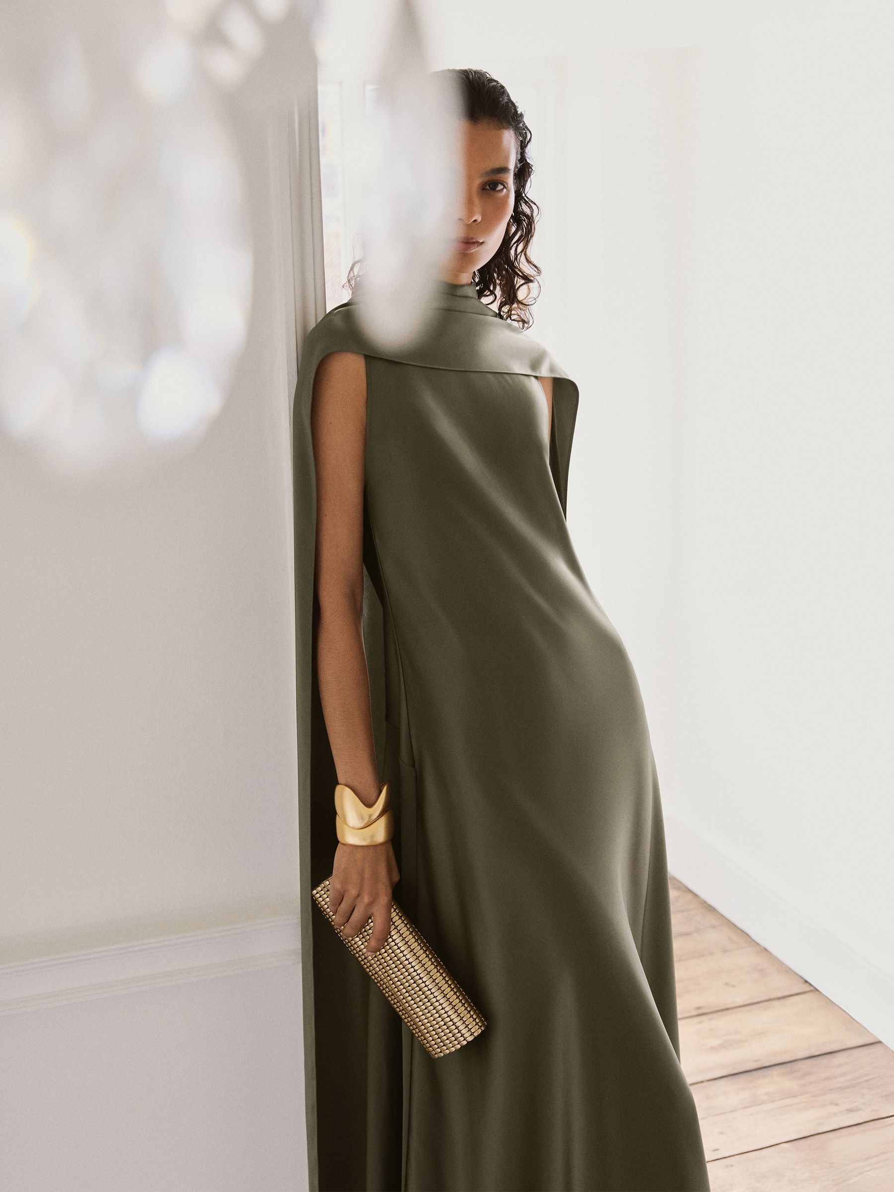 Satin Cape Maxi Dress in Khaki Green - image 5