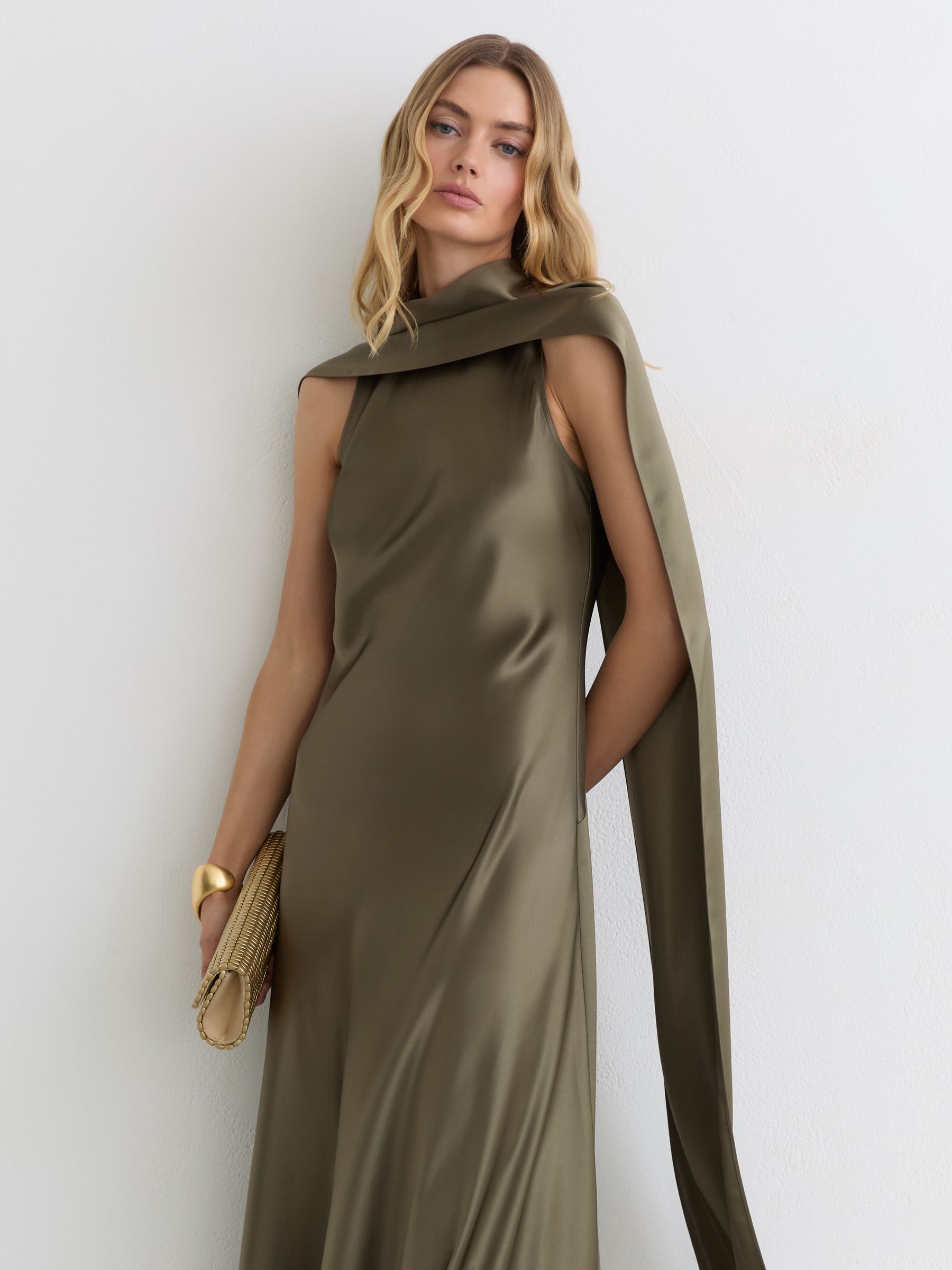 Satin Cape Maxi Dress in Khaki Green - Image 6 of 7