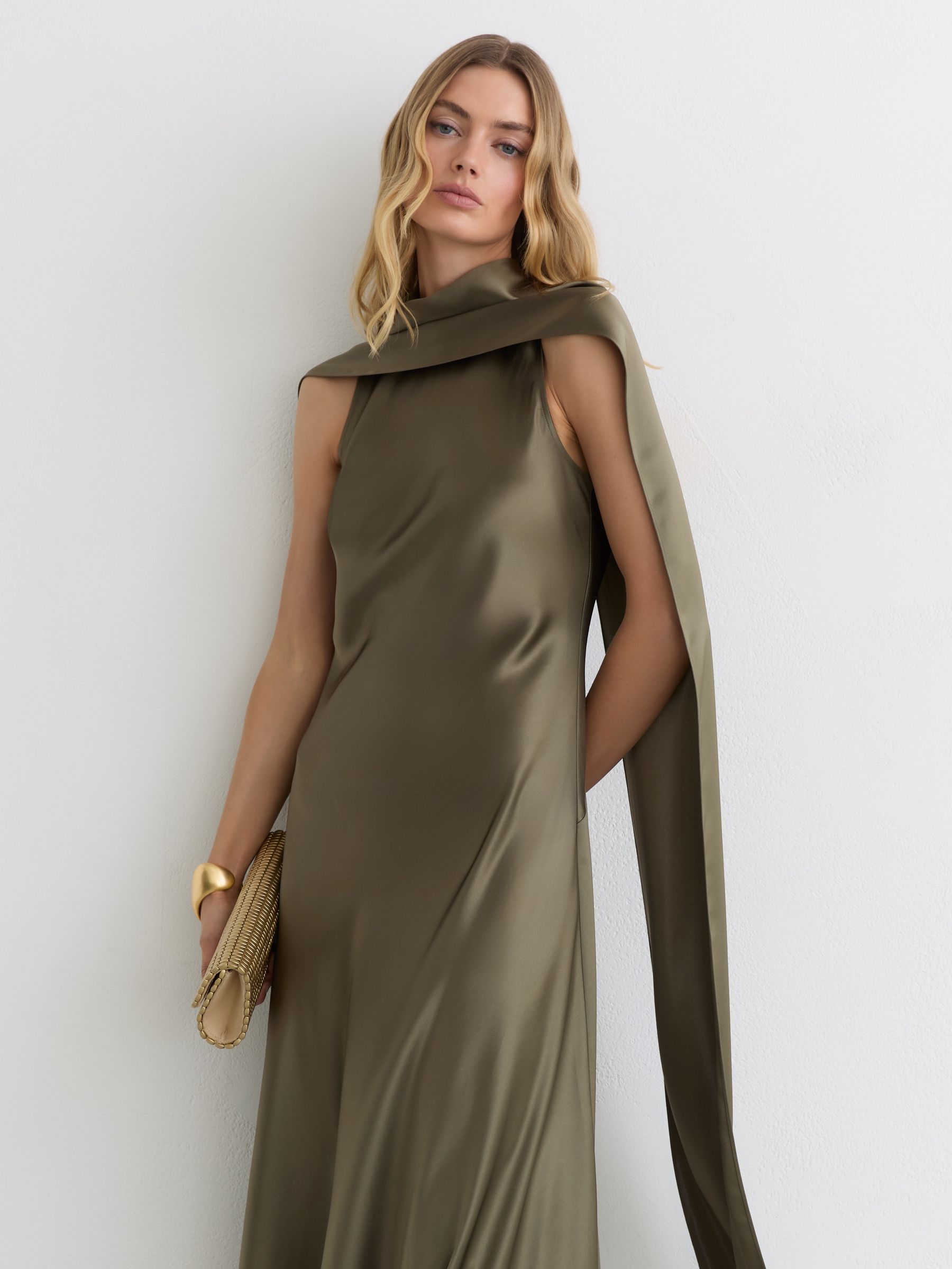 Satin Cape Maxi Dress in Khaki Green - Image 8 of 9