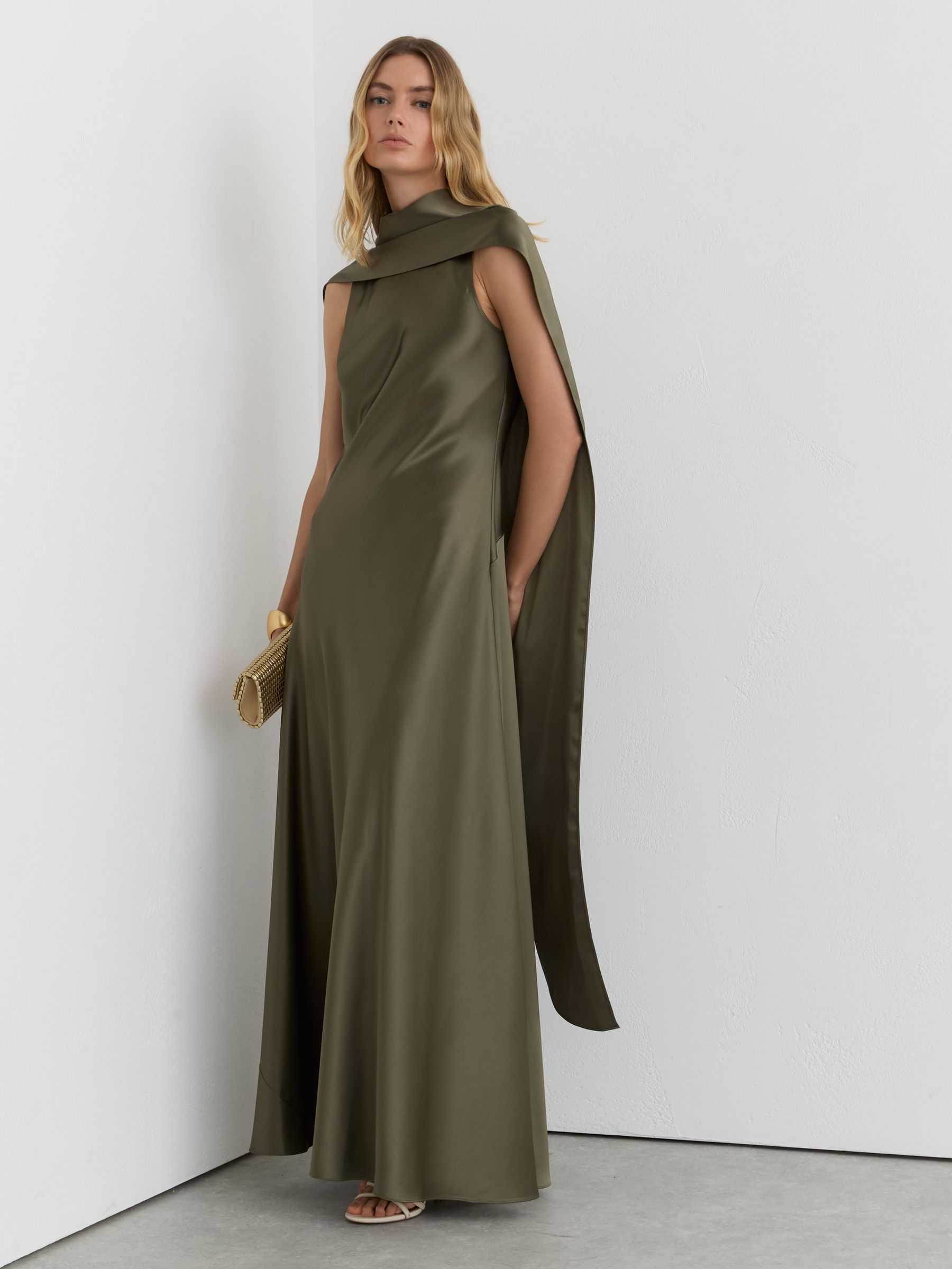 Petite Satin Cape Maxi Dress in Khaki Green - Image 1 of 9 Petite Satin Cape Maxi Dress in Khaki Green - Image 1 of 9