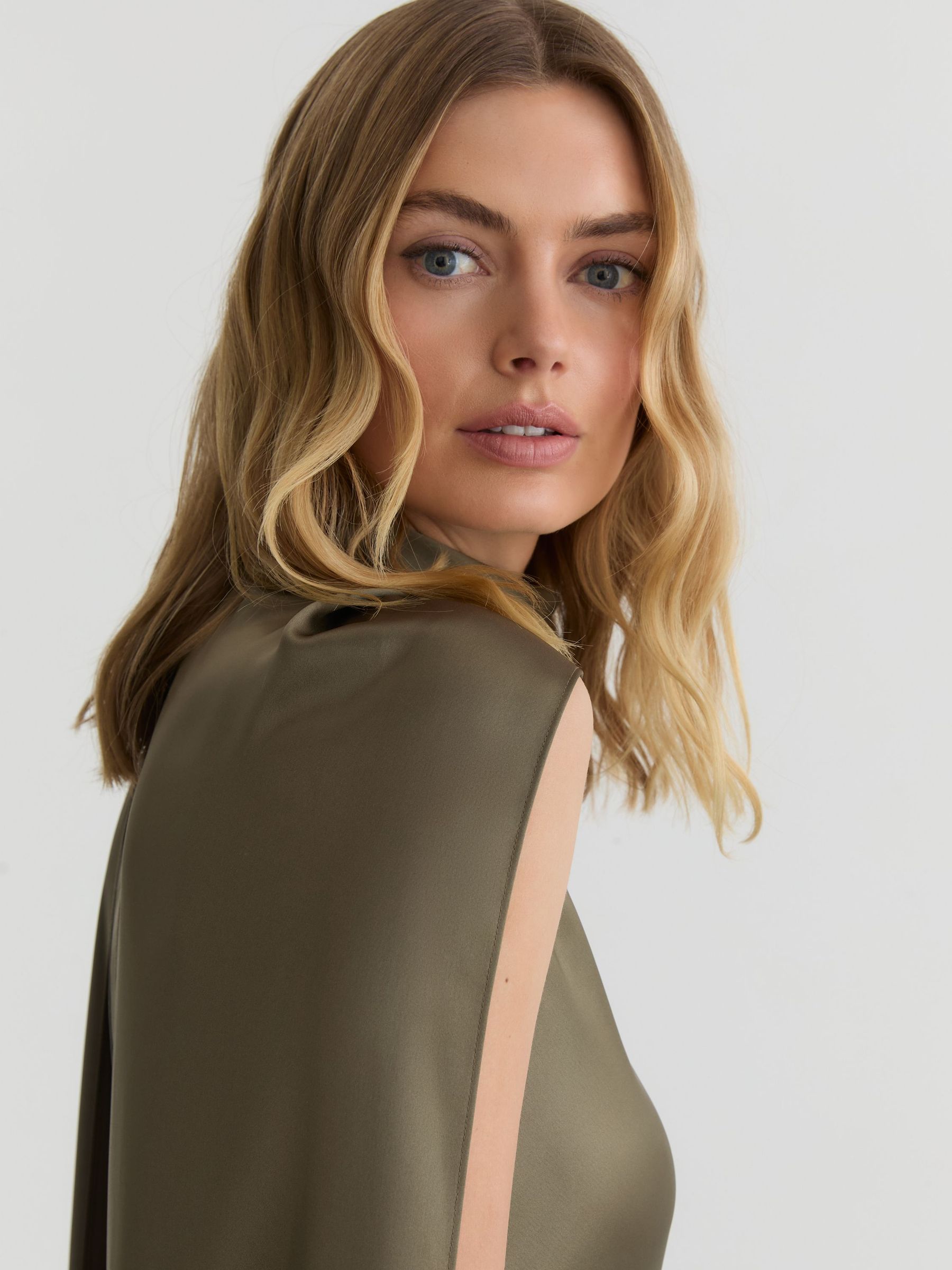 Petite Satin Cape Maxi Dress in Khaki Green - Image 3 of 9