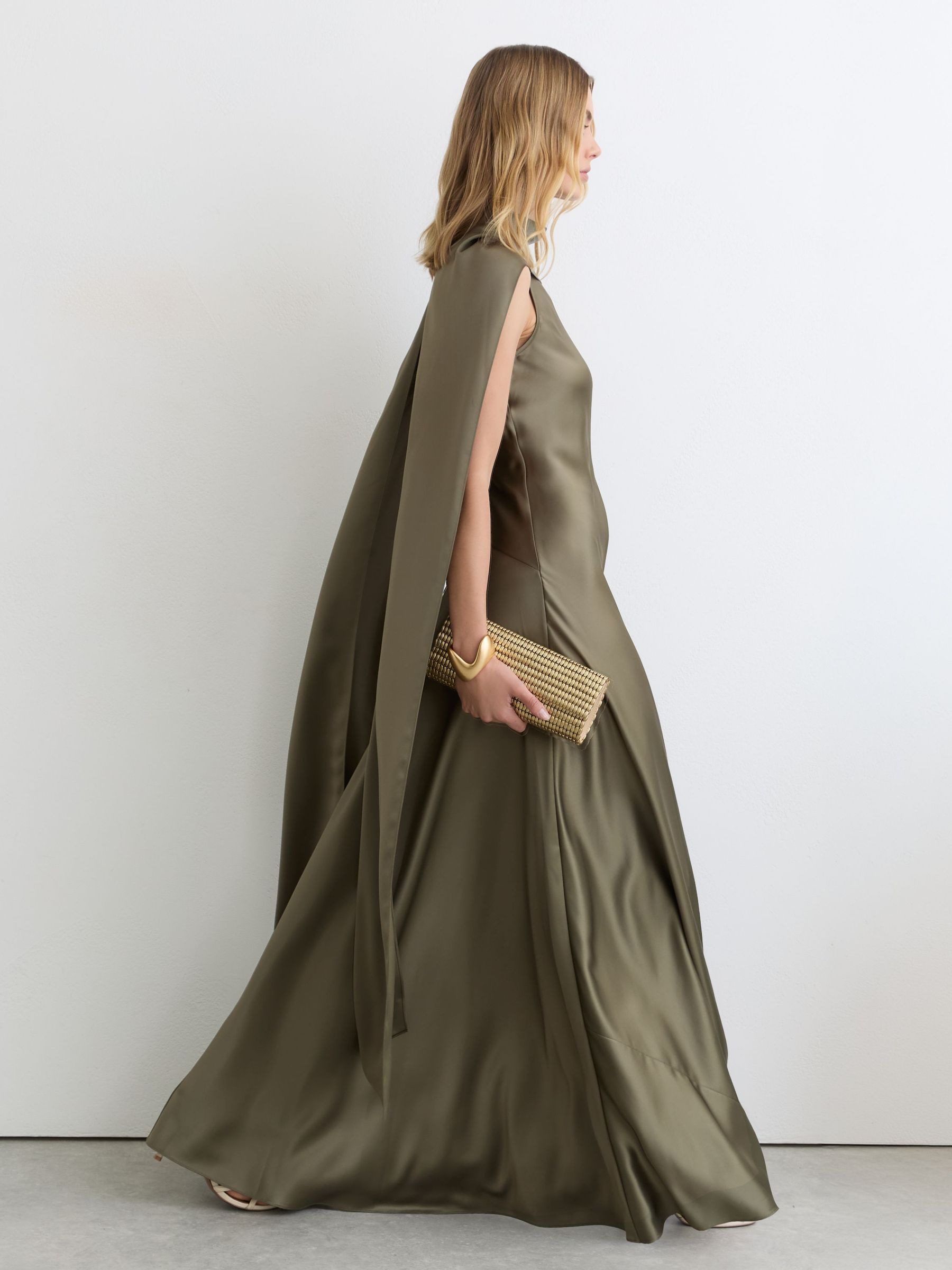 Petite Satin Cape Maxi Dress in Khaki Green - Image 4 of 9