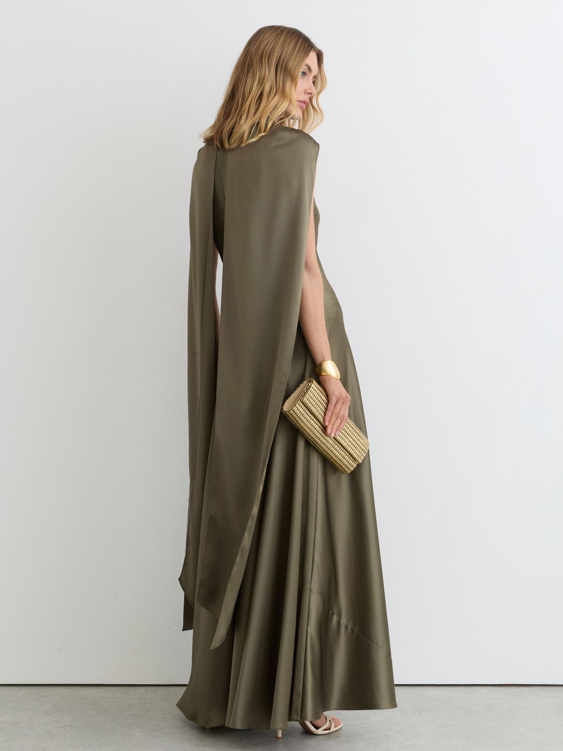 Petite Satin Cape Maxi Dress in Khaki Green - Image 5 of 9