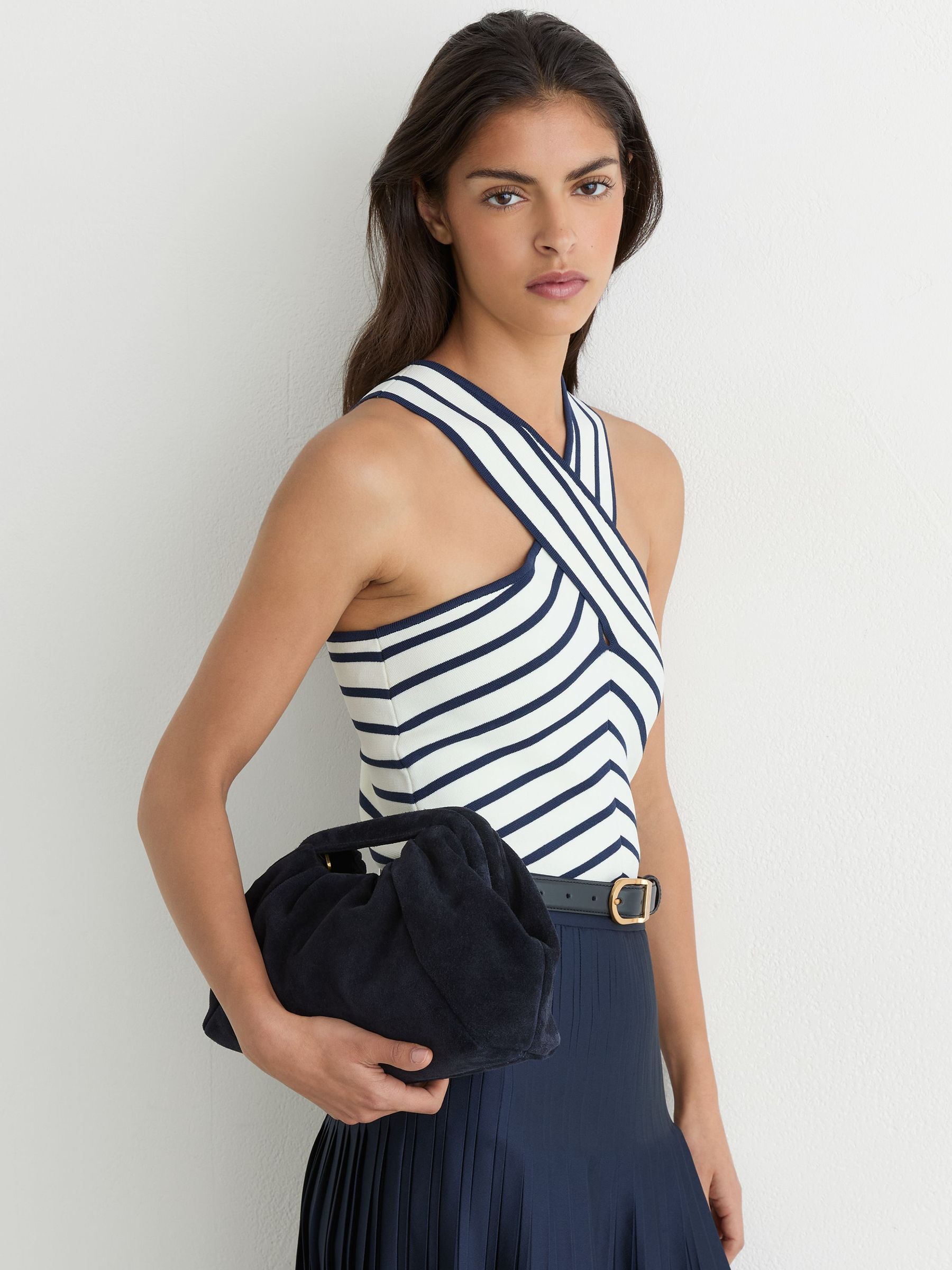 Suede Cut-Out Handle Pouch Clutch Bag in Navy - Image 1 of 6