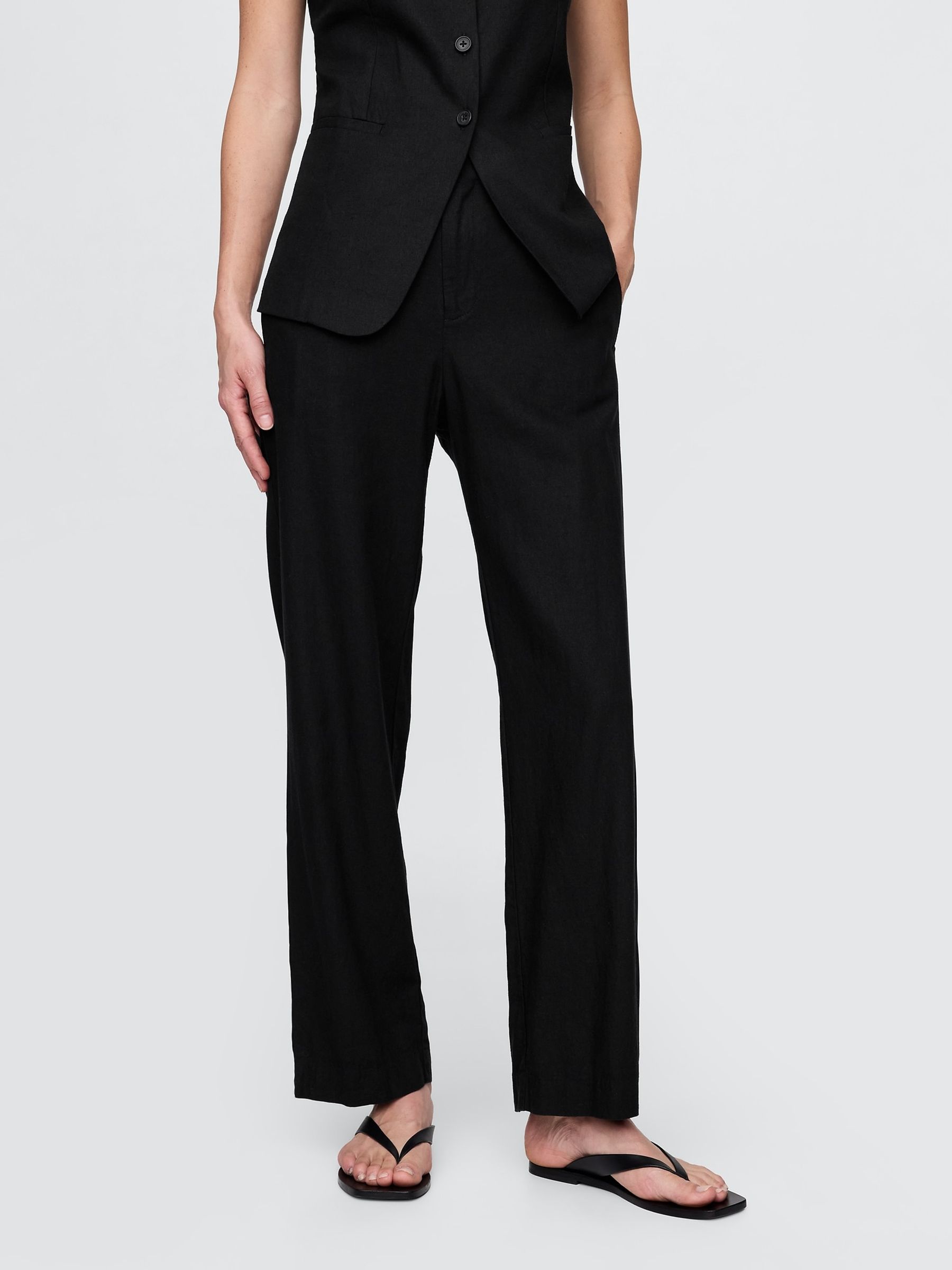 Black Linen Blend Relaxed Straight Trousers - Image 1 of 4