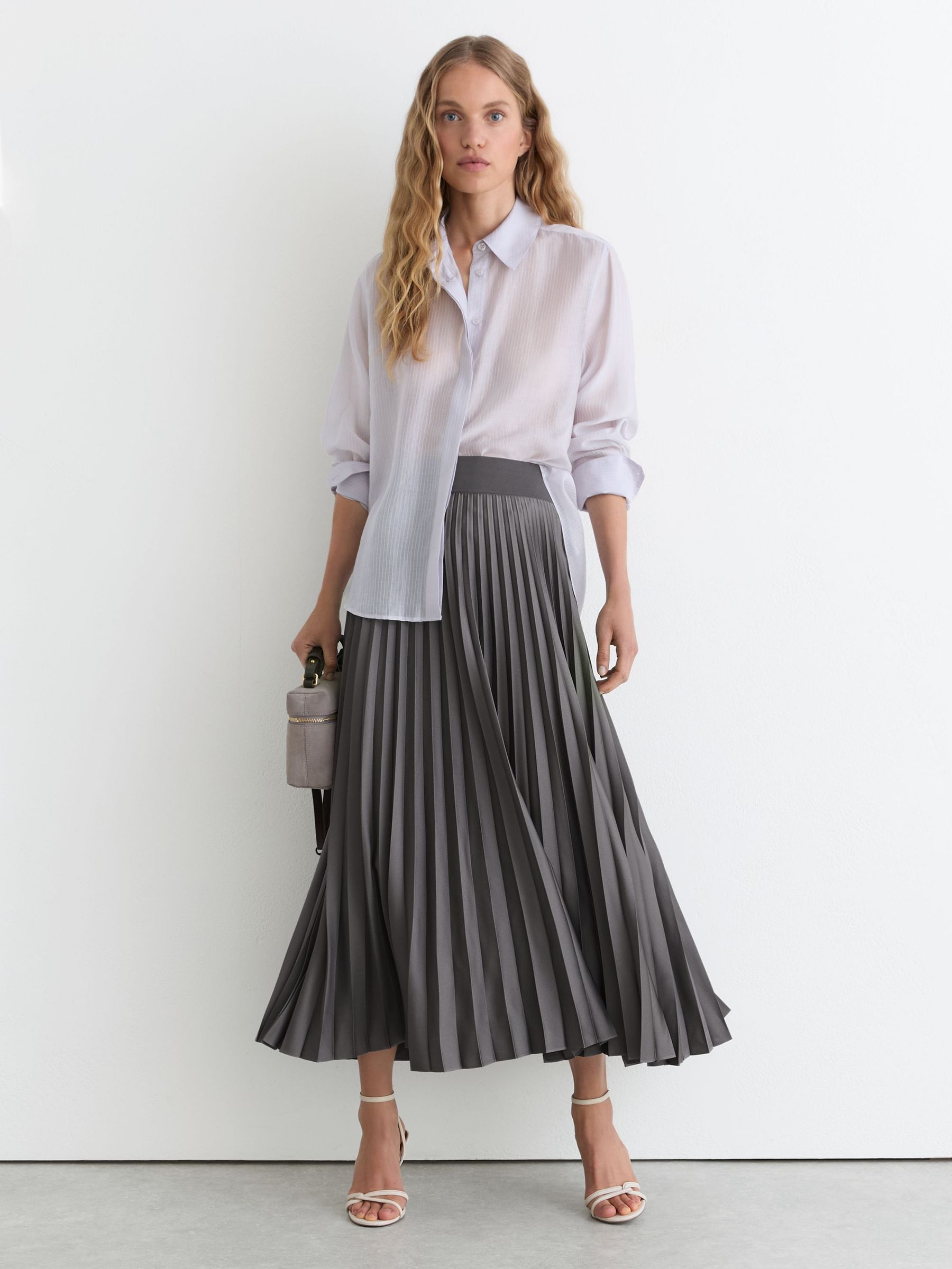 Pleated Midi Skirt in Grey - Image 4 of 7