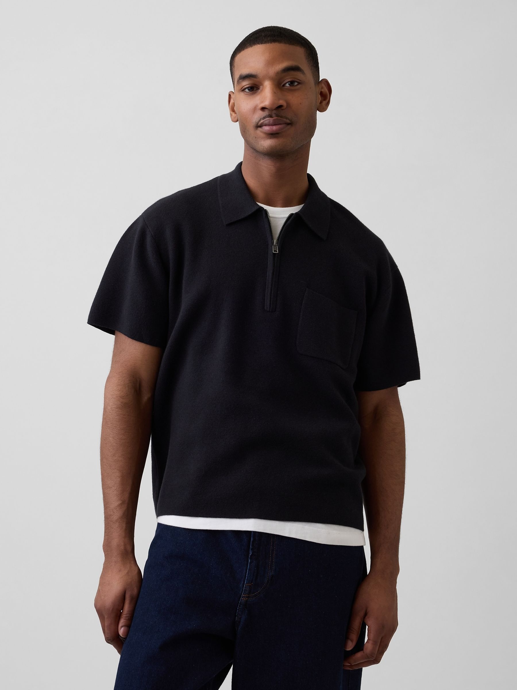 Black Oversized Quarter-Zip Pocket Polo Jumper - Image 1 of 4
