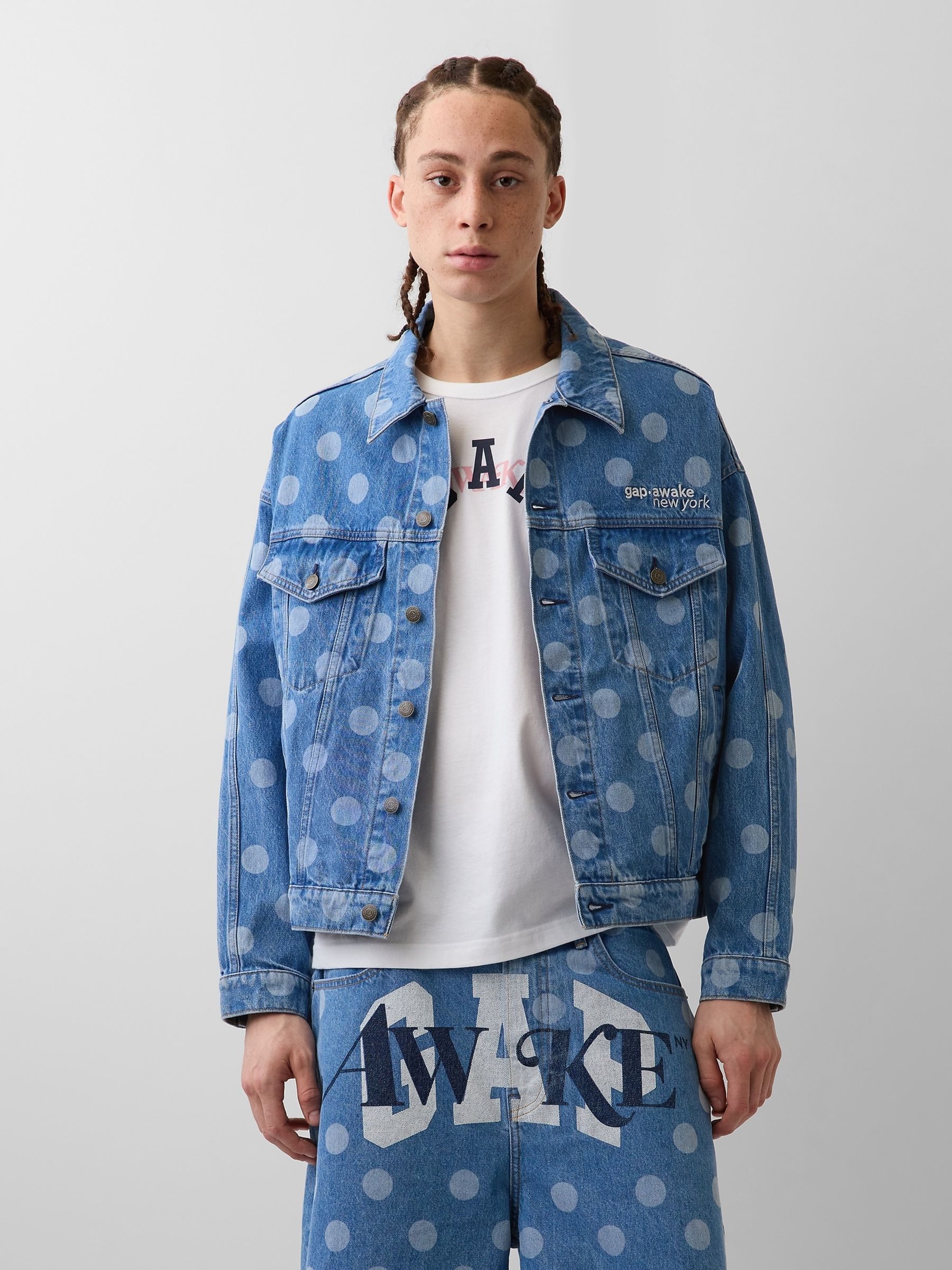 Gap x Awake NY Medium Wash Oversized Polka Dot Icon Denim Jacket - Image 1 of 6