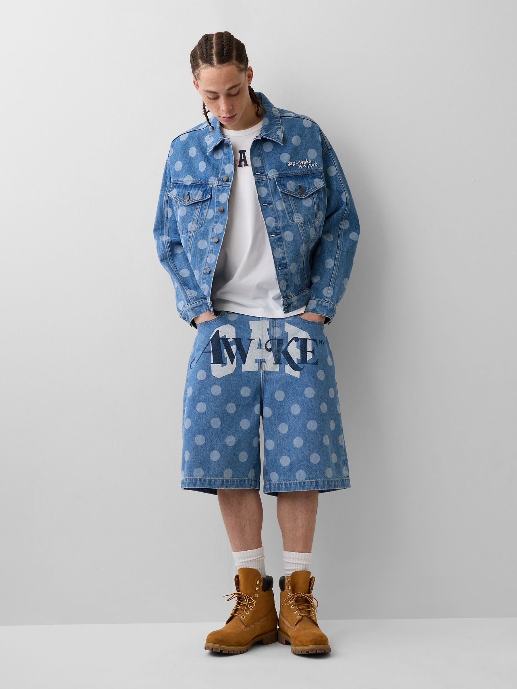 Gap x Awake NY Medium Wash Oversized Polka Dot Icon Denim Jacket - Image 3 of 6