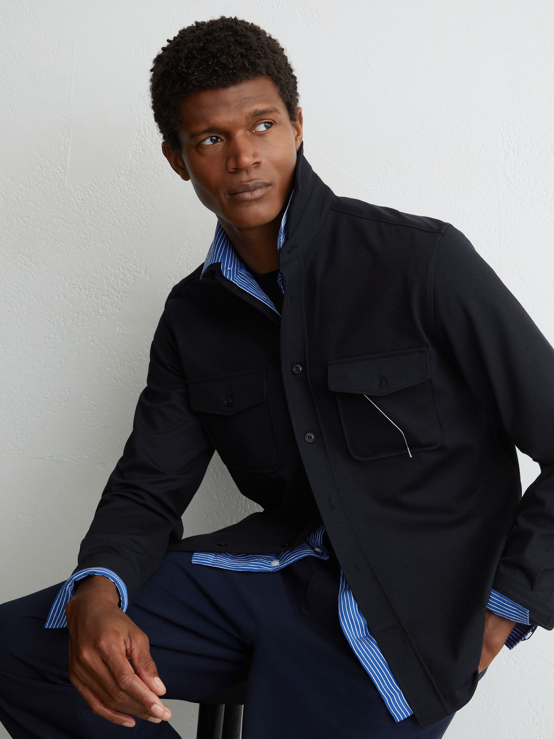 Twin-Pocket Button-Through Overshirt in Navy - Image 1 of 7