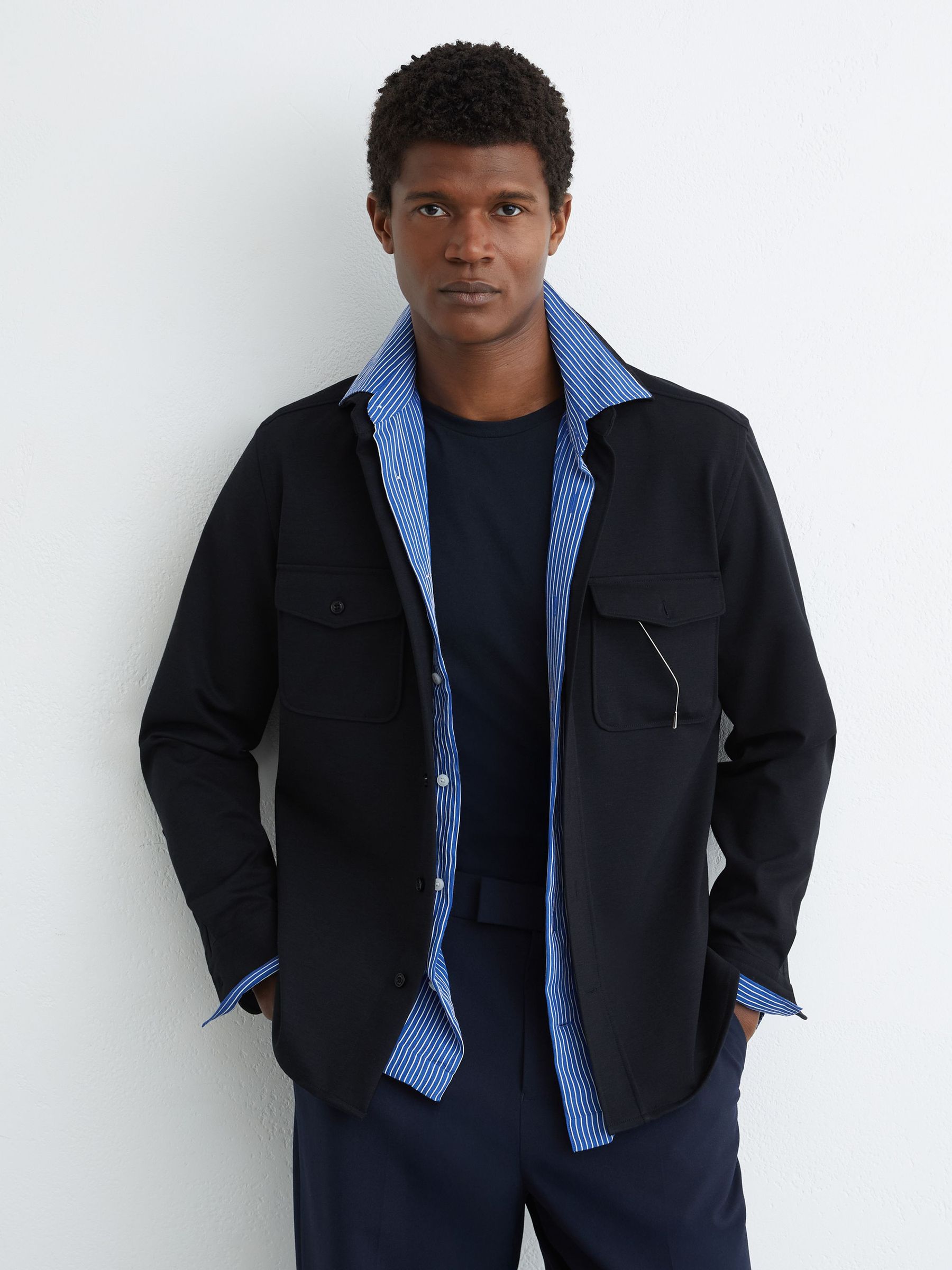 Twin-Pocket Button-Through Overshirt in Navy - Image 3 of 7