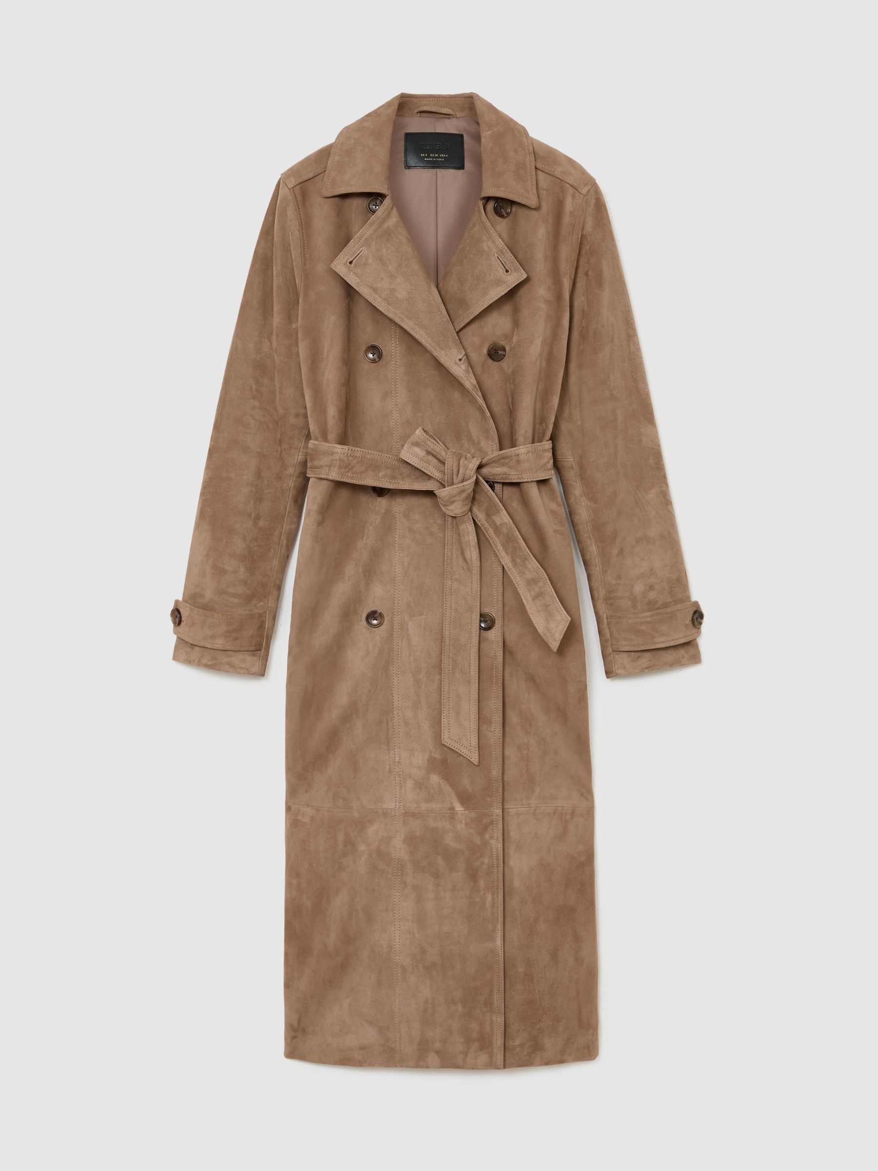 Suede Double-Breasted Trench Coat in Neutral - Image 2 of 9