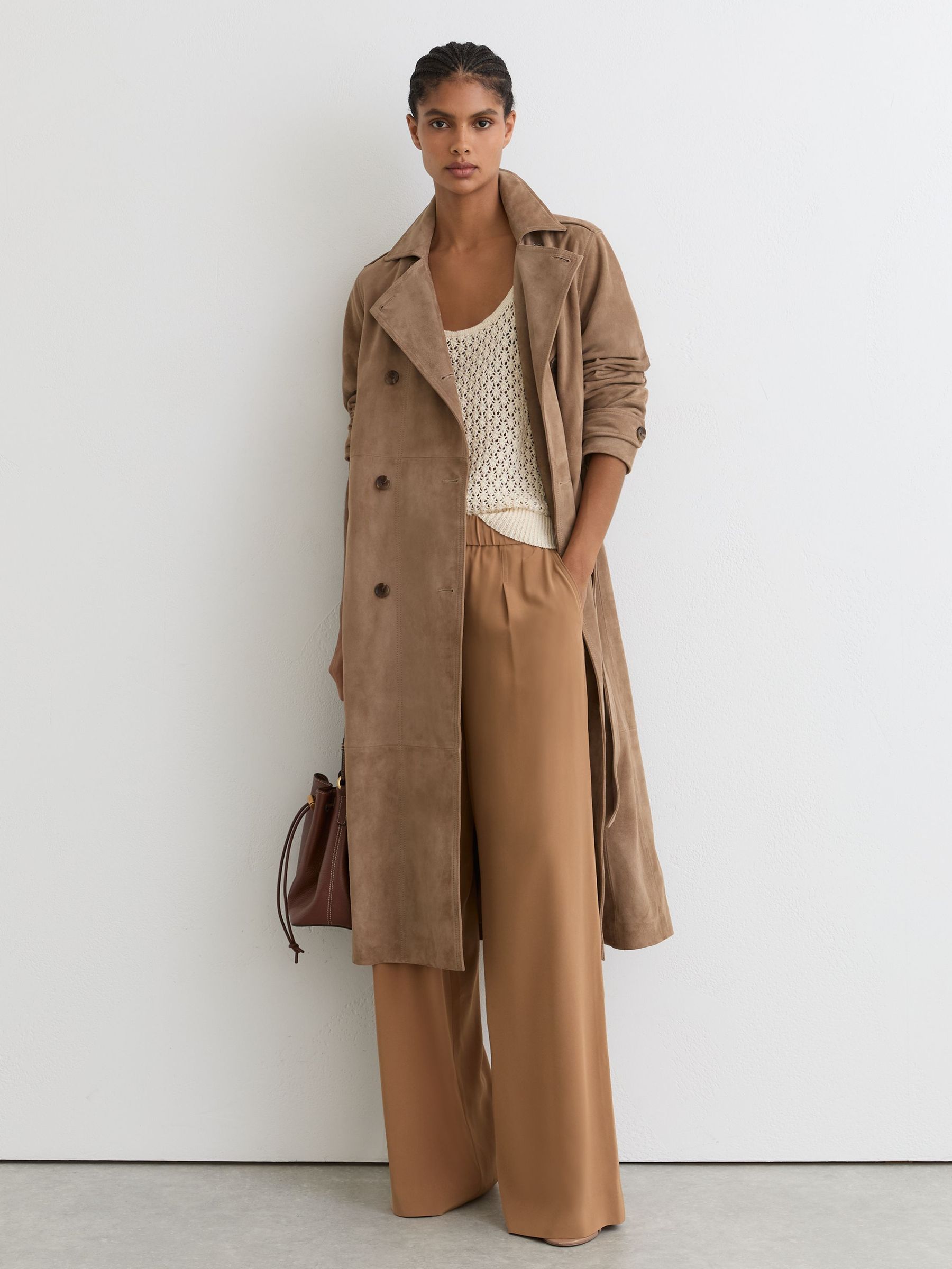 Suede Double-Breasted Trench Coat in Neutral - Image 3 of 9