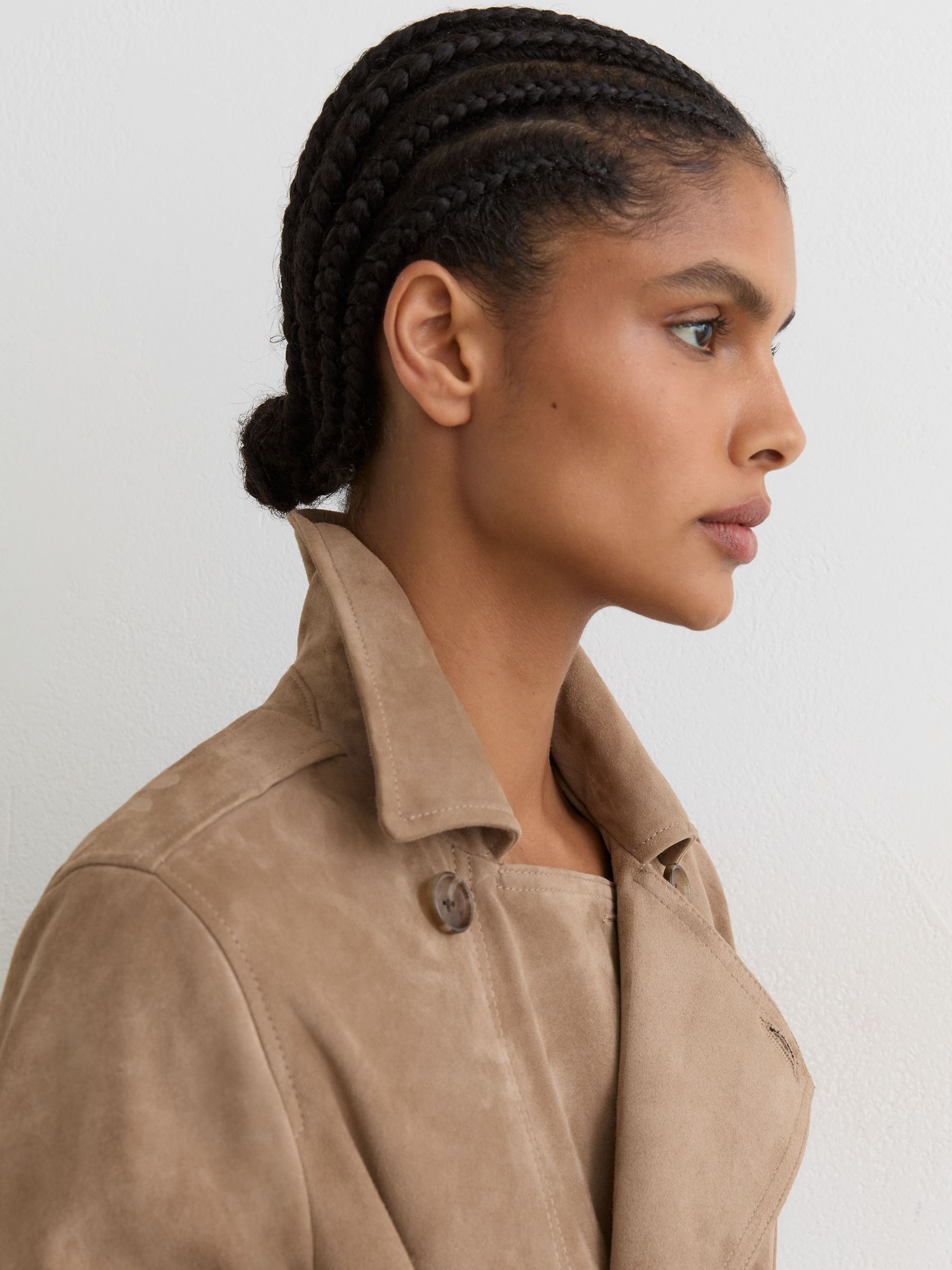 Suede Double-Breasted Trench Coat in Neutral - Image 4 of 9