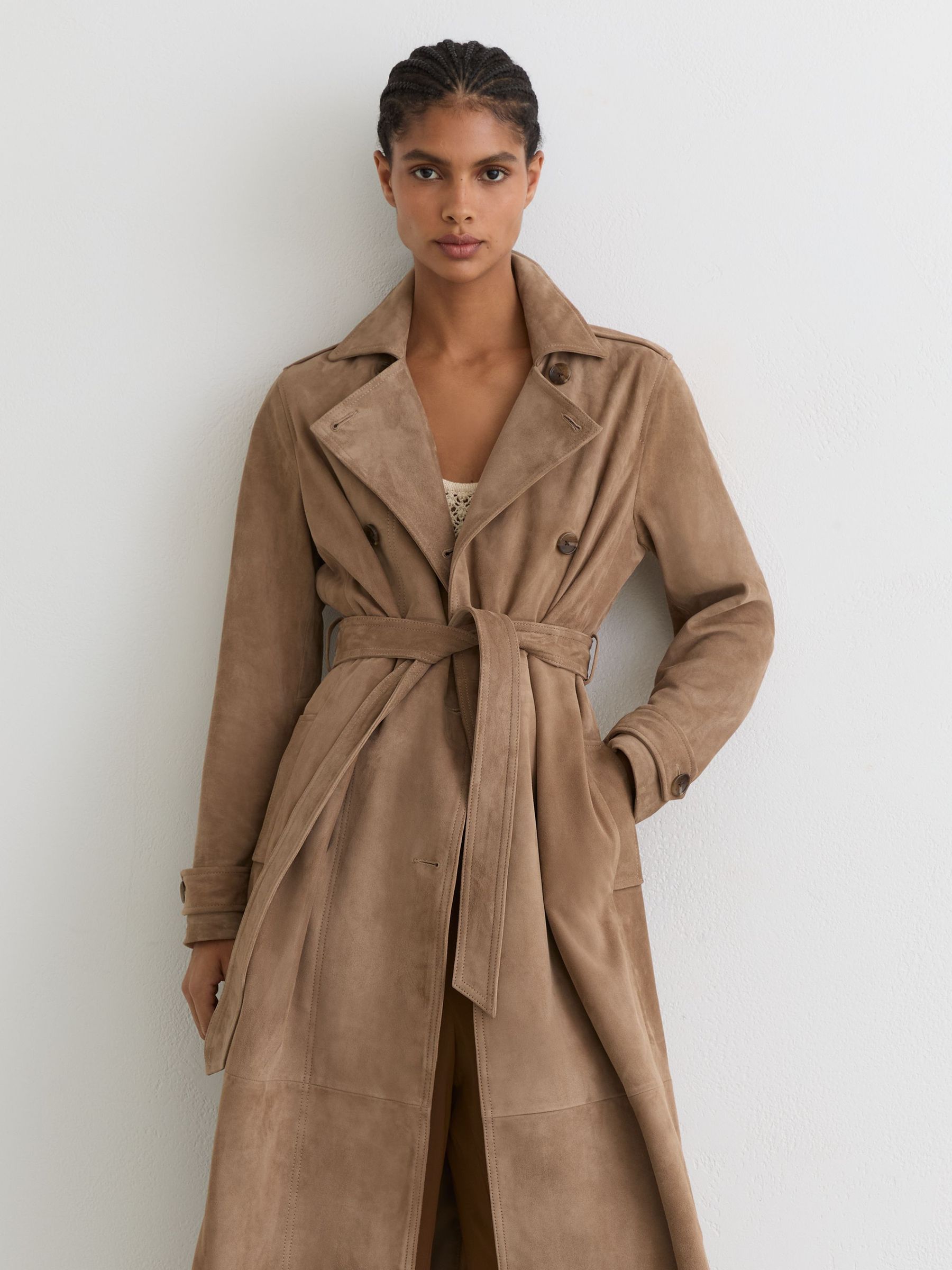 Suede Double-Breasted Trench Coat in Neutral - Image 5 of 9