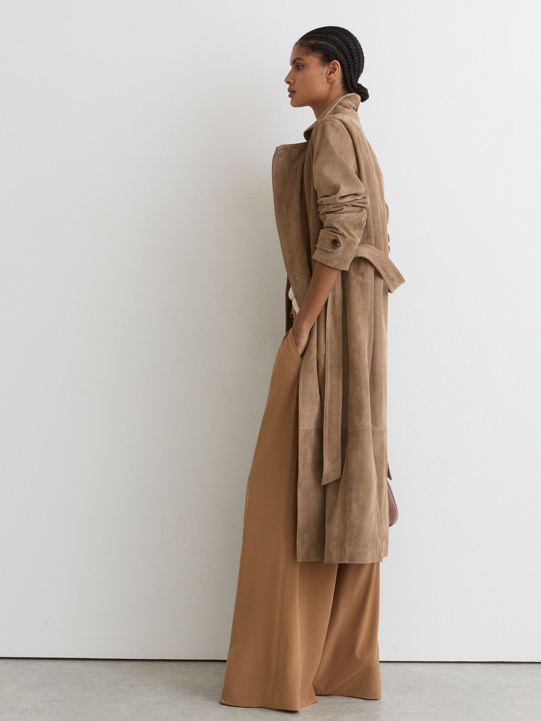 Suede Double-Breasted Trench Coat in Neutral - Image 6 of 9