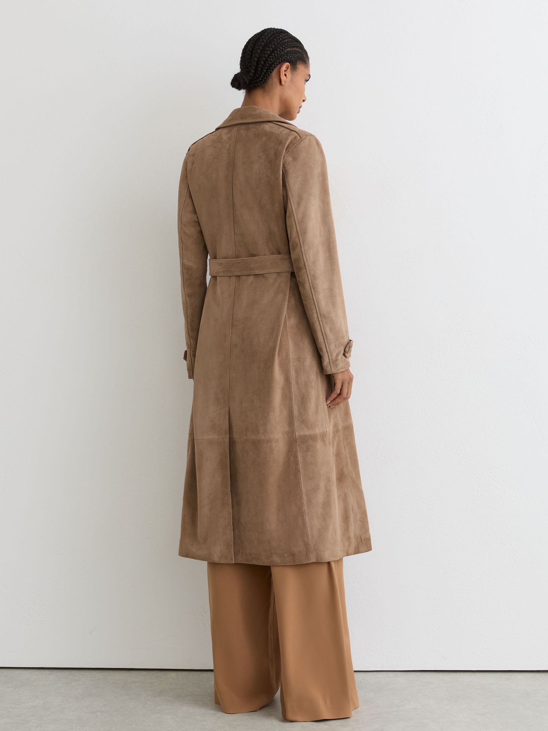 Suede Double-Breasted Trench Coat in Neutral - Image 7 of 9