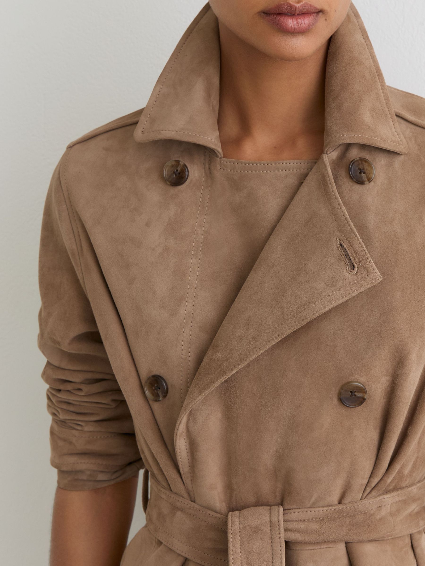 Suede Double-Breasted Trench Coat in Neutral - Image 8 of 9