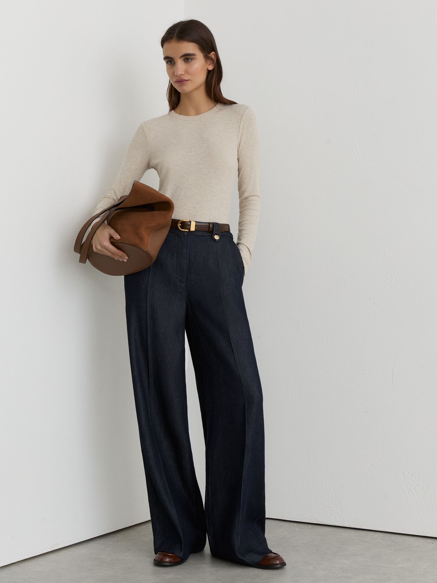 Lyocell Topstitched Wide-Leg Trousers in Indigo - image 3