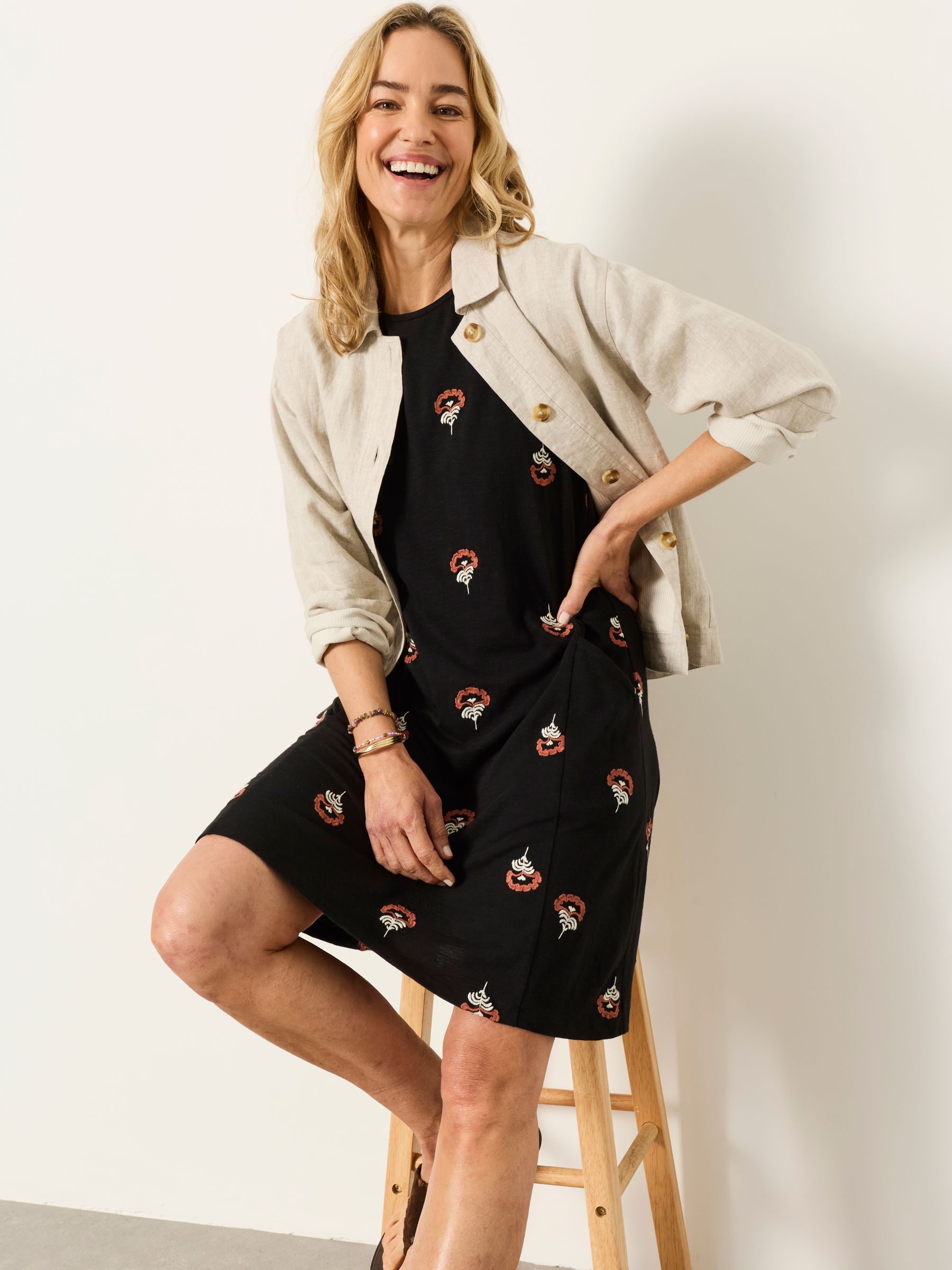 FatFace - Simone Embroidered Black Regular Jersey Dress